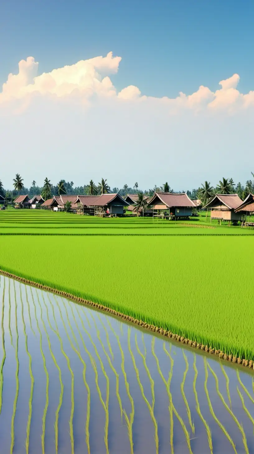 Picturesque Indonesian Village Landscape with Clear Sky and Rice Field