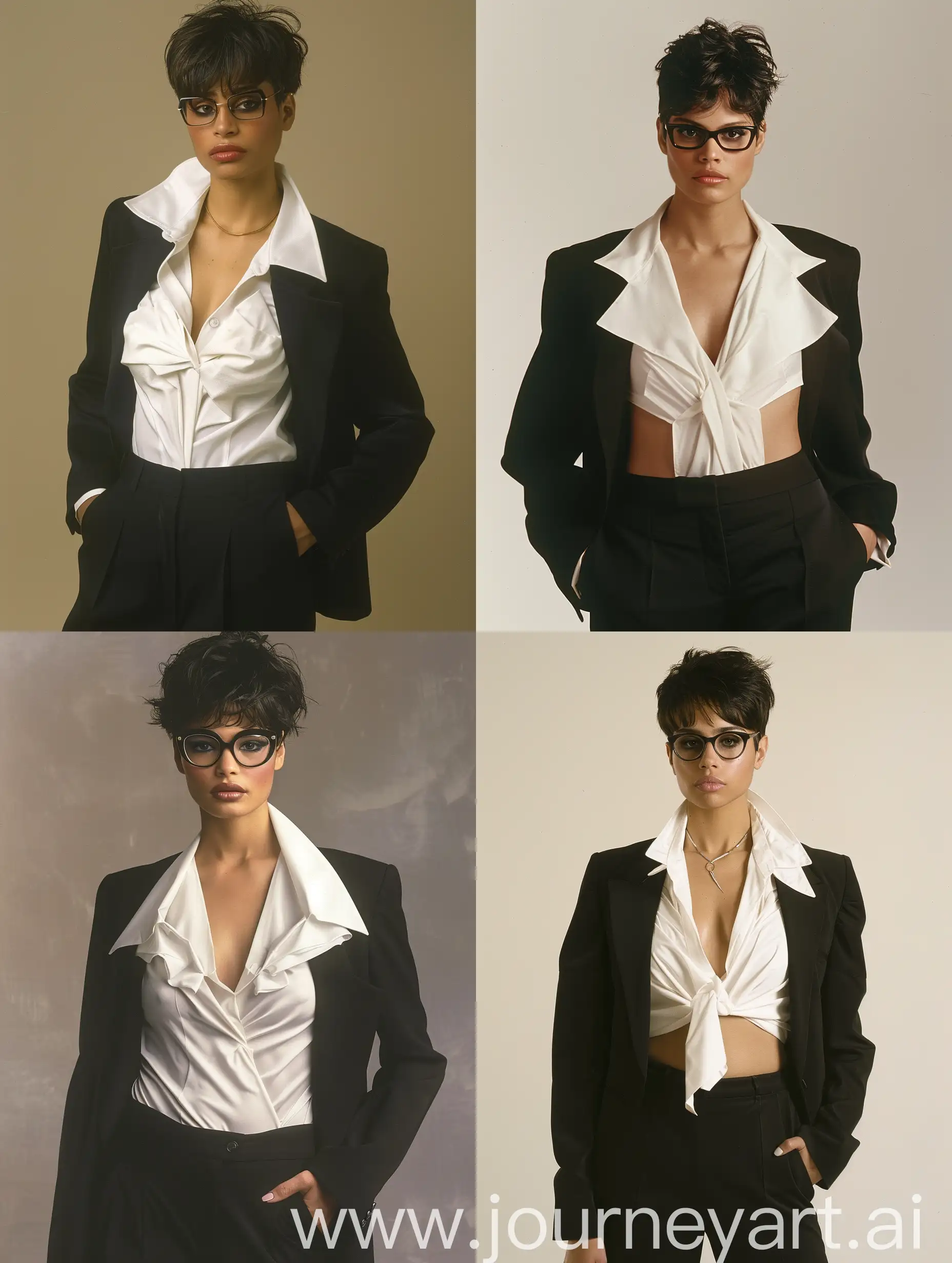 Woman, 30 Years Old, Latina, Mexican, Femininity, Athletic Body Type, Heavy Tan, Dark Hair, Short Pixie Hairstyle, Makeup, Glasses, Formal Black Pant Suit, Formal White Blouse, Cleavage, Collarbone, Large Folded Collar, 2000’s Fashion, 2005, Retro, Office, Work Atmosphere, Photography, Realism