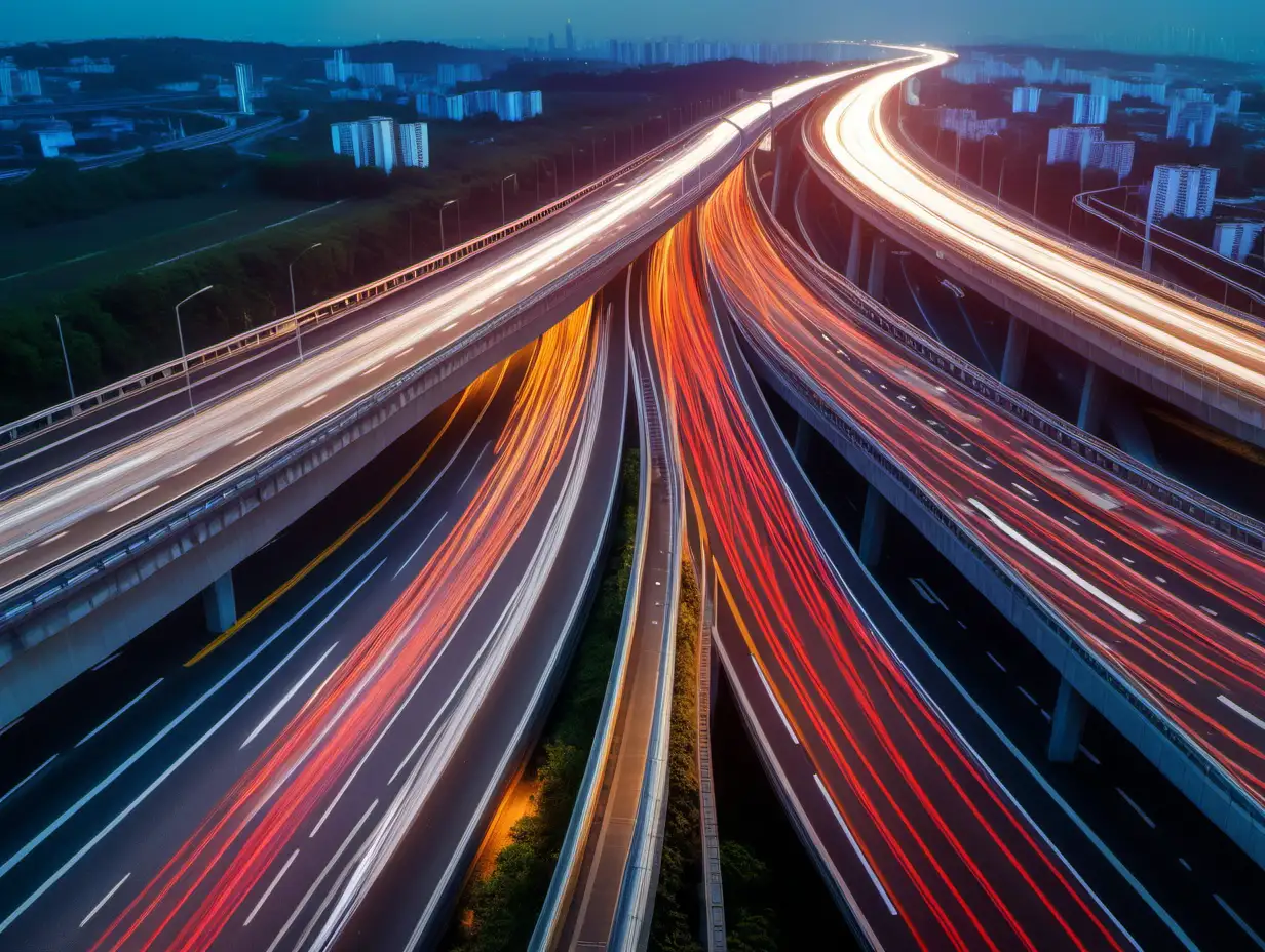 long exposure of highways going in both directions in the morning light, centered angle
