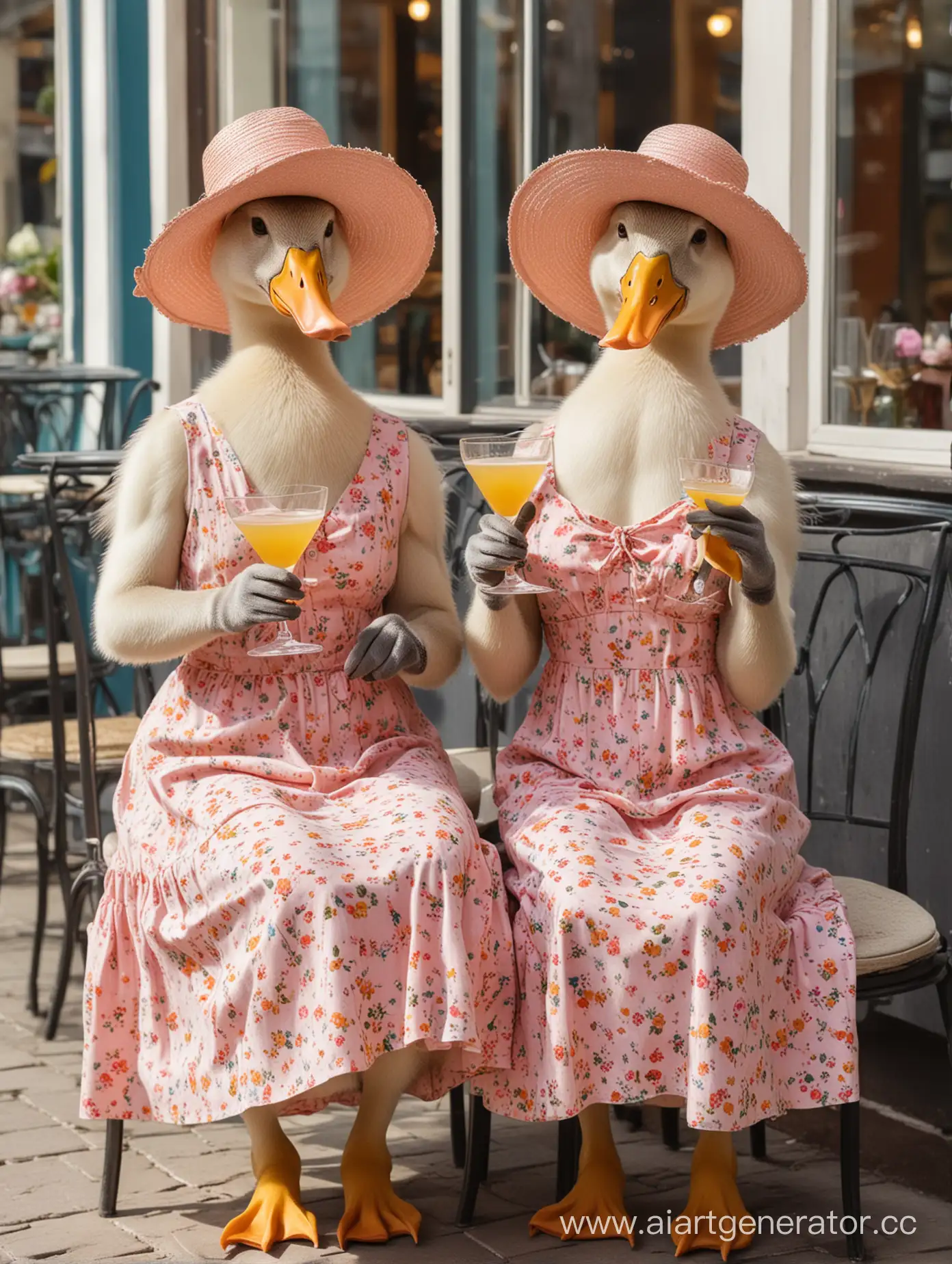 Две худые утки в человеческих женских сарафанах, две утки в шляпках и платьях , утки протягивают бокал с  коктейлем, сидят на фоне ресторана, нежные весенние