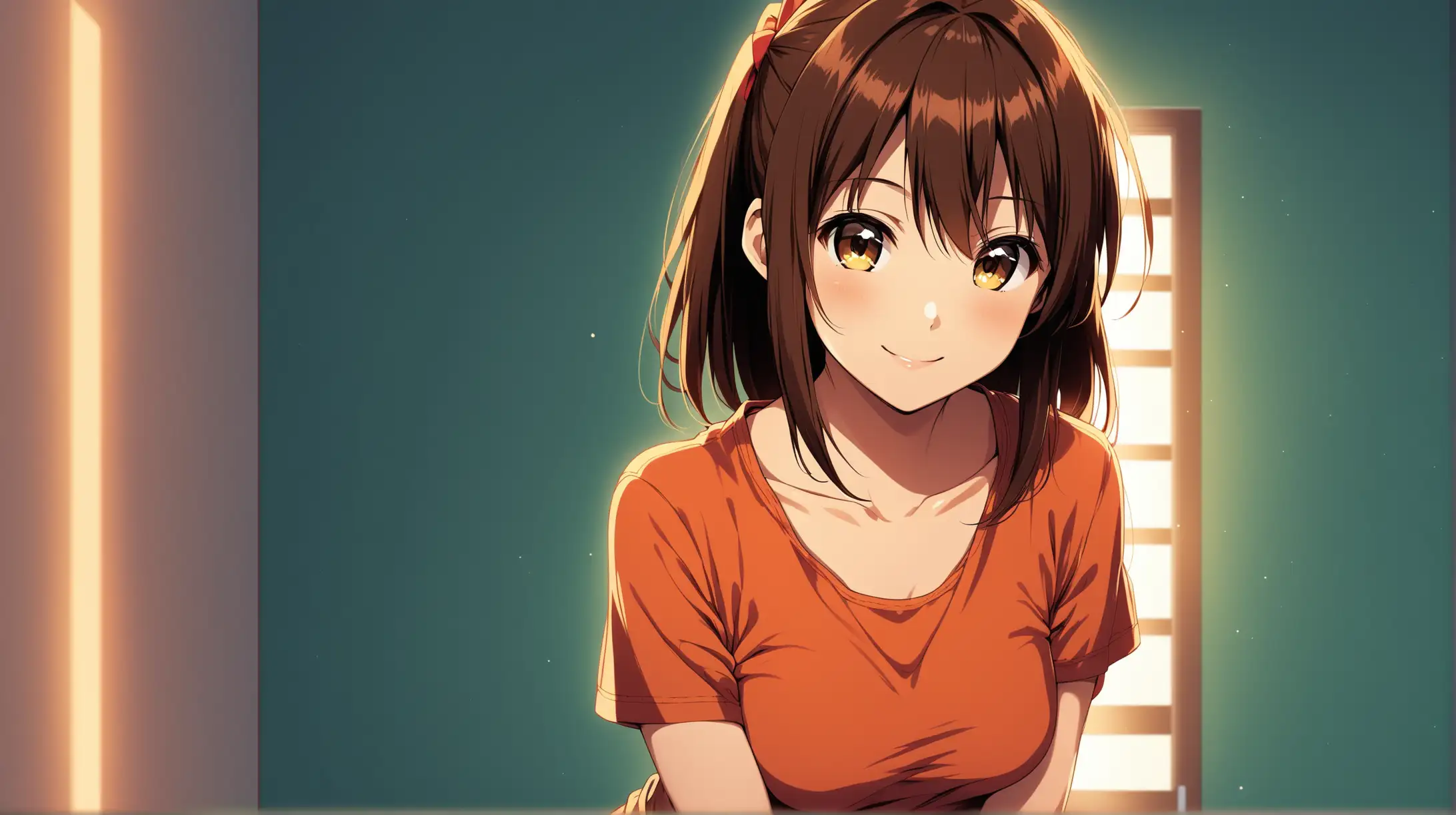 Draw the character Haruhi Suzumiya, high quality, ambient lighting, long shot, indoors, seductive pose, wearing a casual outfit, smiling at the viewer