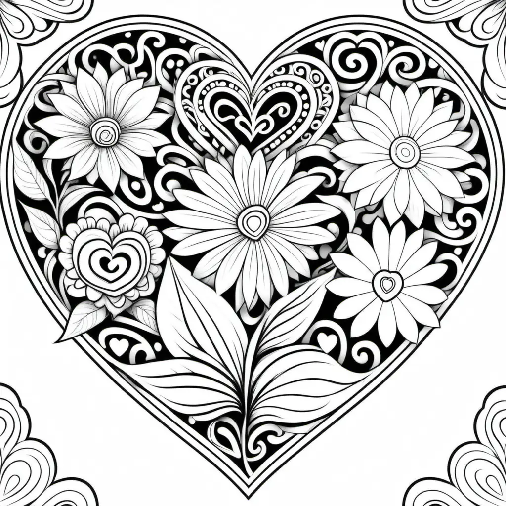 black lined black and white flowers and hearts coloring pages
