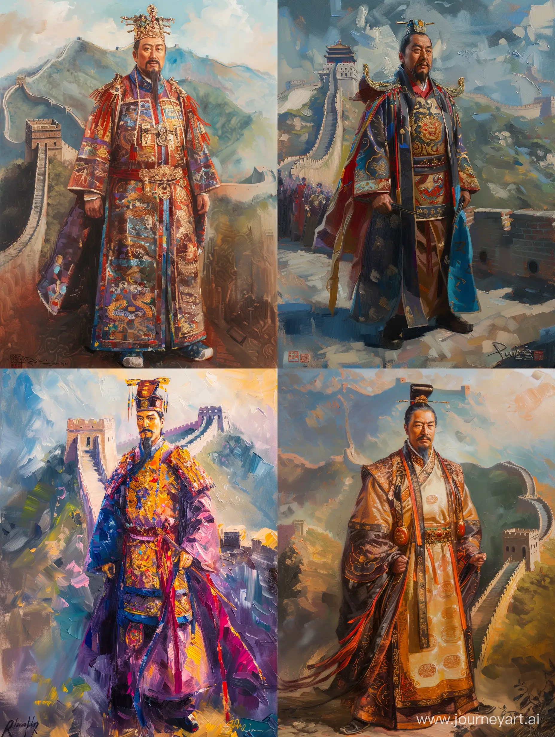 Chinese emperor Qin Shi Huang in traditional attire. Standing tall. The Great Wall of China themed background. Chinese essential. Oil painting. Brush strikes.