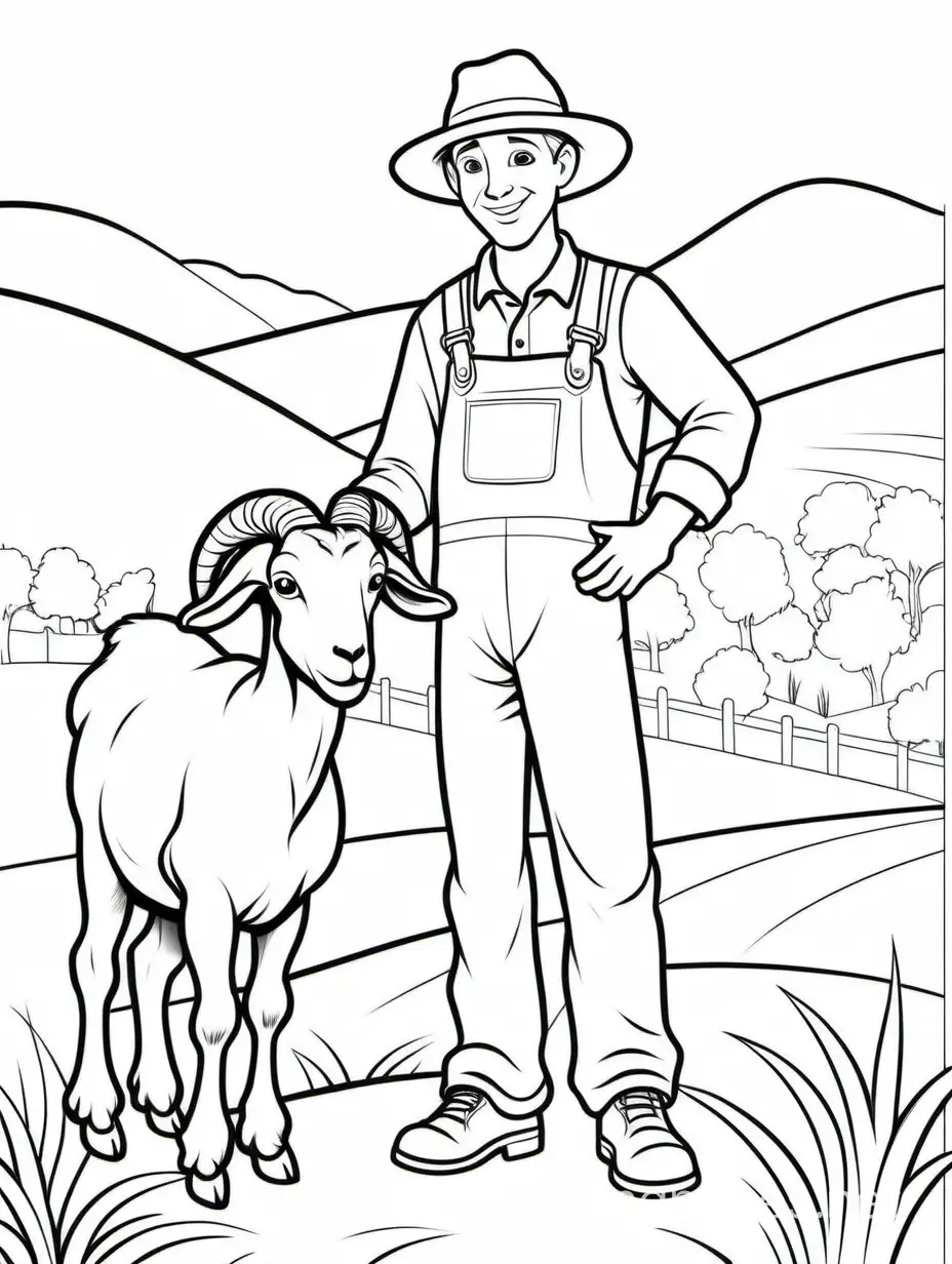 a farmer with a goat, Coloring Page, black and white, line art, white background, Simplicity, Ample White Space. The background of the coloring page is plain white to make it easy for young children to color within the lines. The outlines of all the subjects are easy to distinguish, making it simple for kids to color without too much difficulty
