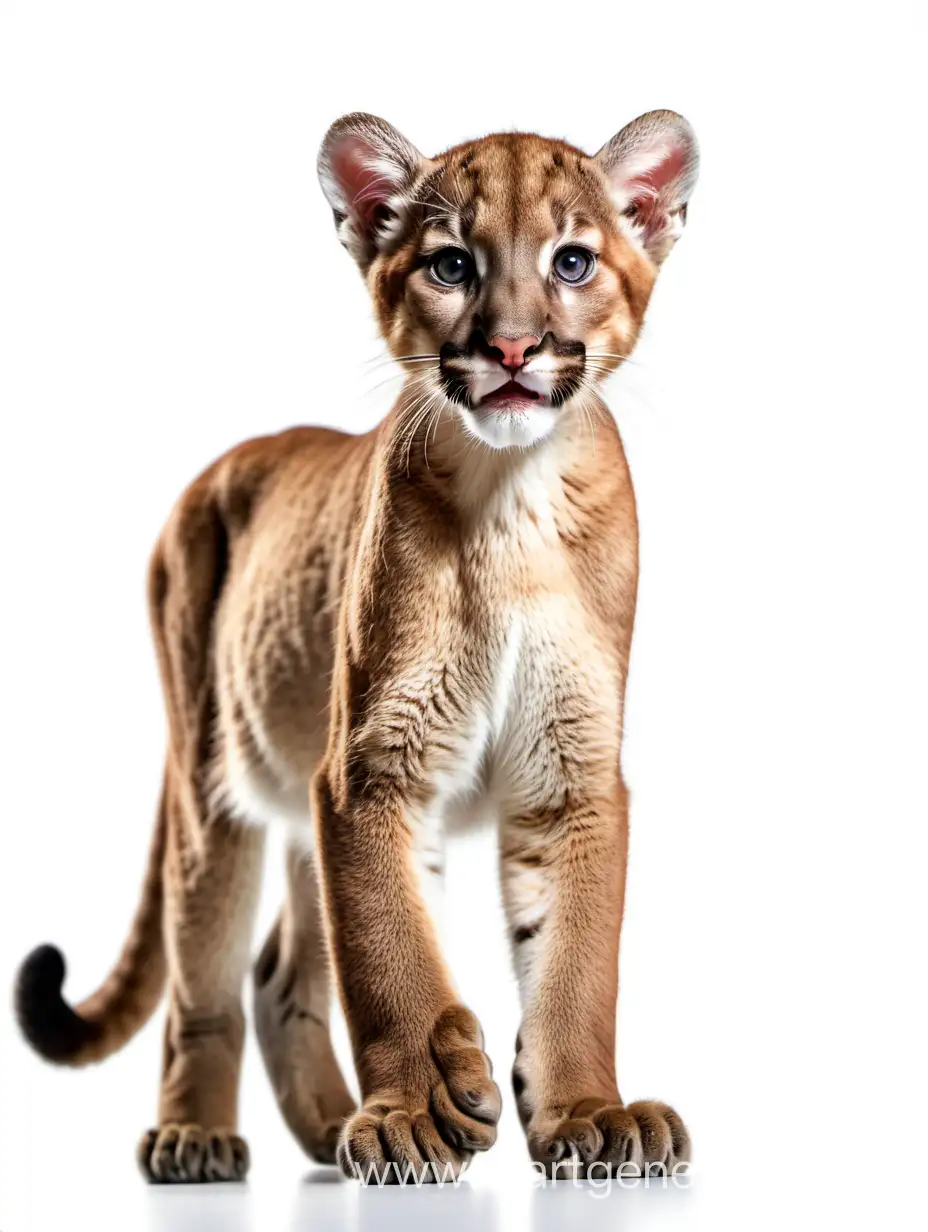 Cute little cougar in full growth. White background