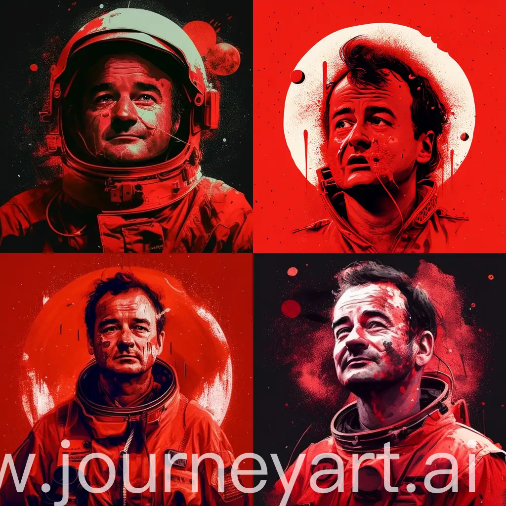 Generate an image of Bill Murray in a red 1960's era spacesuit, with blood splattered on his face. He should be holding his index finger to his mouth, as if saying 'shh.' The background should suggest a mid-journey space setting, with stars and maybe a hint of a spacecraft.