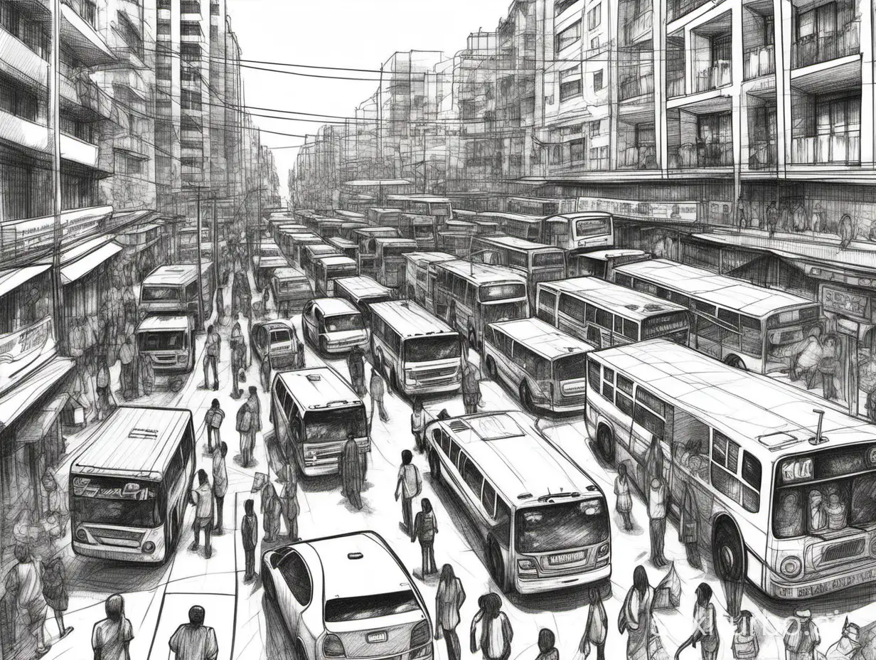 un dessin au trait représentant un quartier d'une grande ville, avec les bruits de bus, de voitures.des personnes qui discutent, un vendeur à la sauvette.
