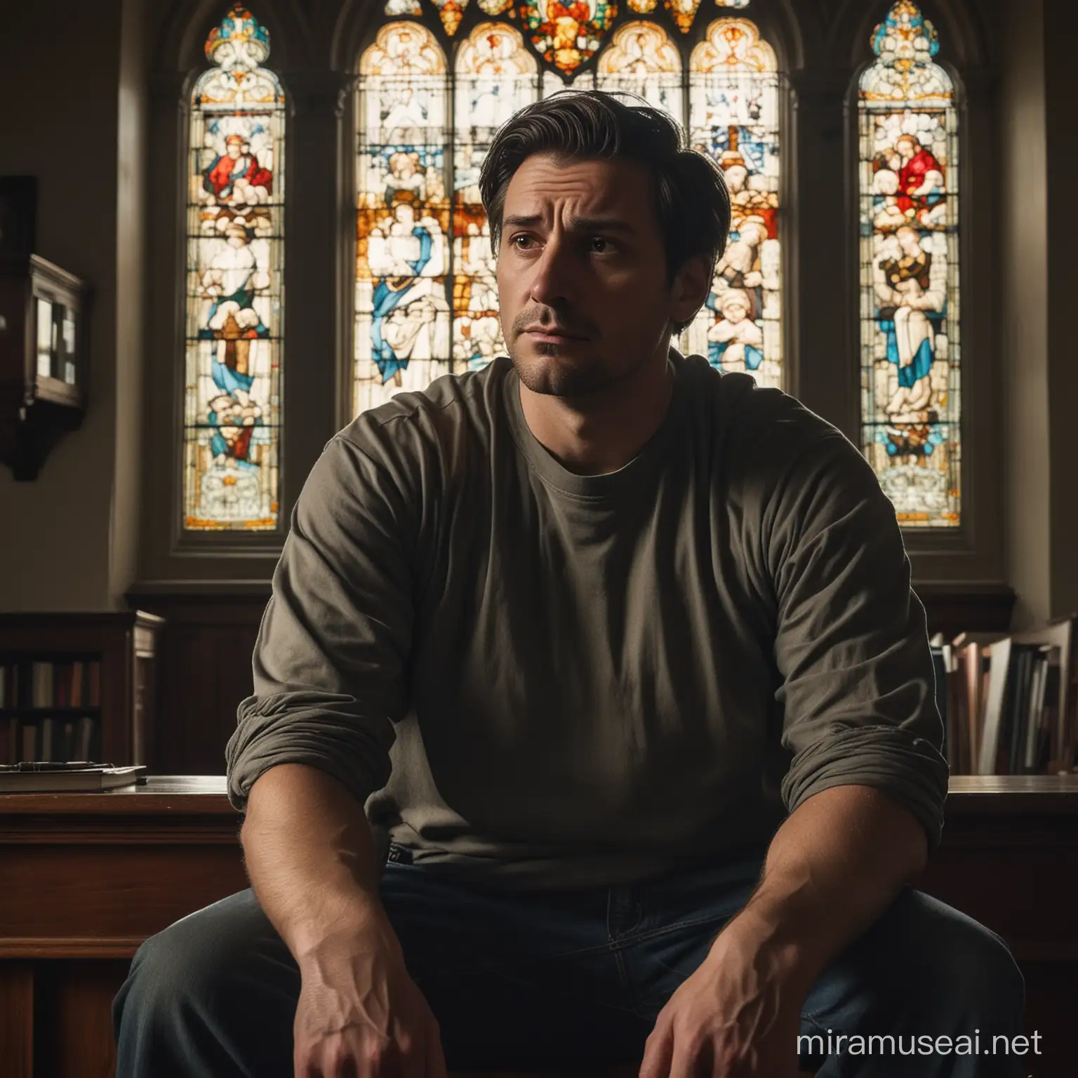 Create a visually striking artwork depicting a dark, somber scene of a tall, broad, and stocky 50-year-old man seated in a dimly lit church library, surrounded by traditional stained glass windows. The man should have black hair, broad shoulders, and an overweight stature with a round belly. He is casually dressed in cargo shorts, a collared t-shirt, sneakers, and socks. His expression is stern and brooding, with small eyes, a large nose, and big ears. His hazel eyes pierce through the darkness, conveying a fierce and intimidating aura. The man's face is rounded with a double chin, sporting a traditional haircut with a side part, with hair on both his arms and legs and a short beard covering his chin and both sides of his face. The overall color palette should be dark, emphasizing shadows and contrast. The man is depicted alone, absorbed in his thoughts, and staring intensely into the distance, adding depth and emotion to the composition while exuding an intimidating and daunting presence. The artwork should capture the imposing nature of the man, evoking a sense of power and authority within the atmospheric setting of the church library.