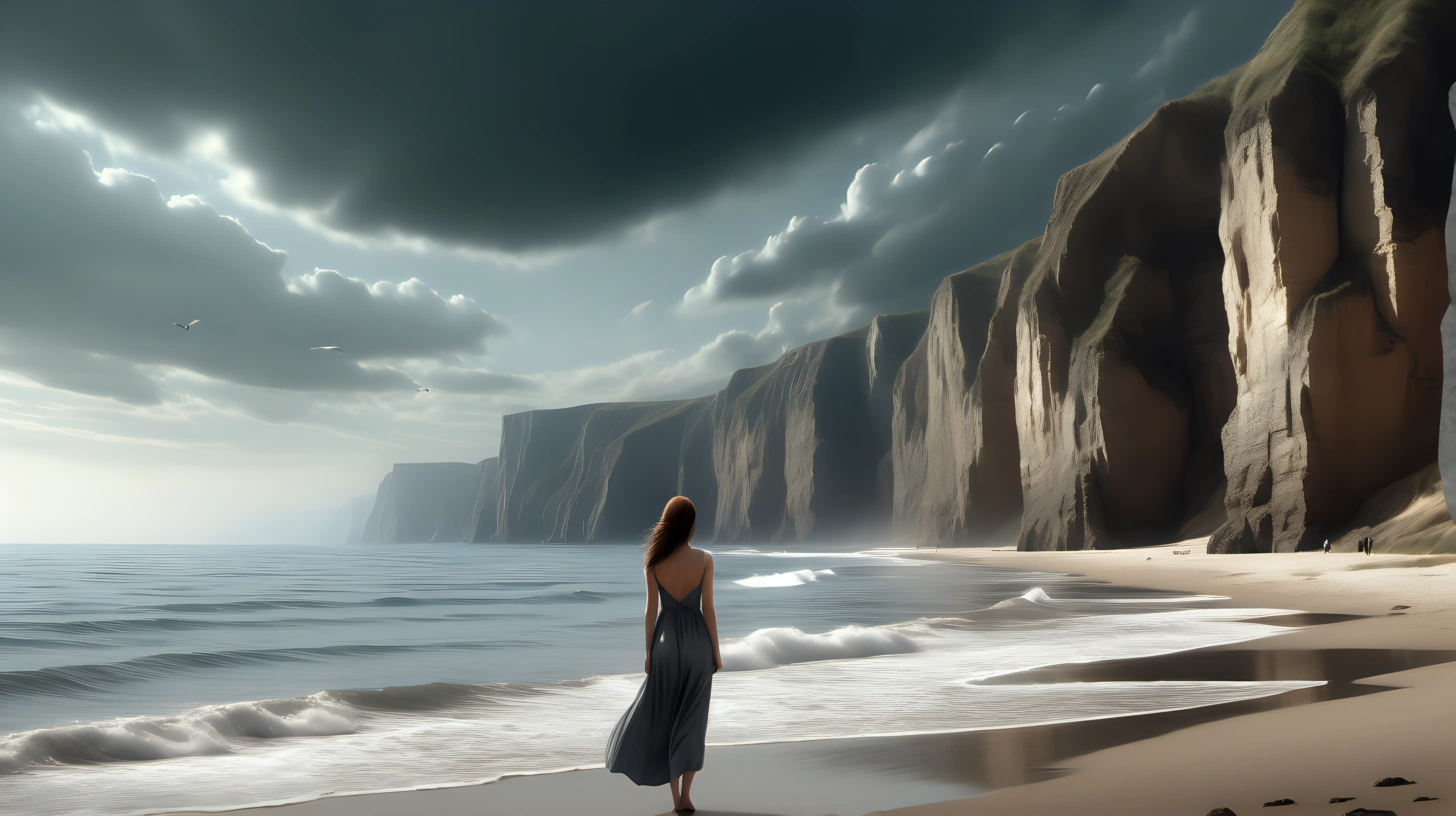 Contemplative Woman by the Sea Solitude and Reflection with Towering Cliffs