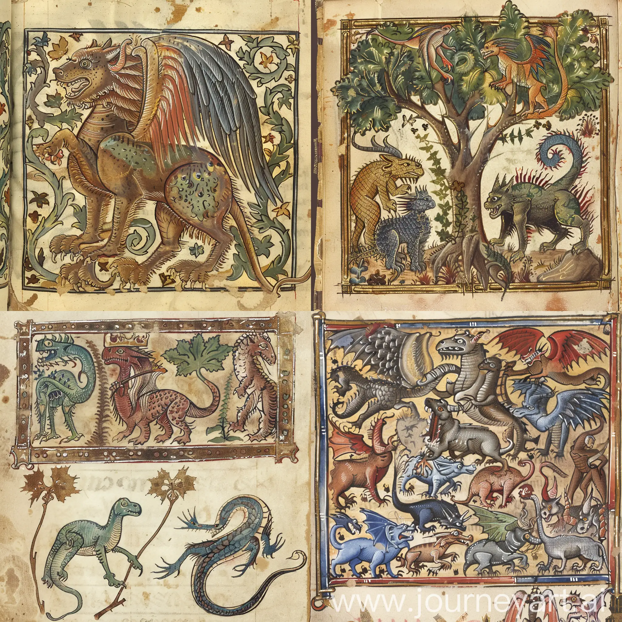 Illuminated-Medieval-Bestiary-Manuscript-Page-with-Vibrant-Illustrations