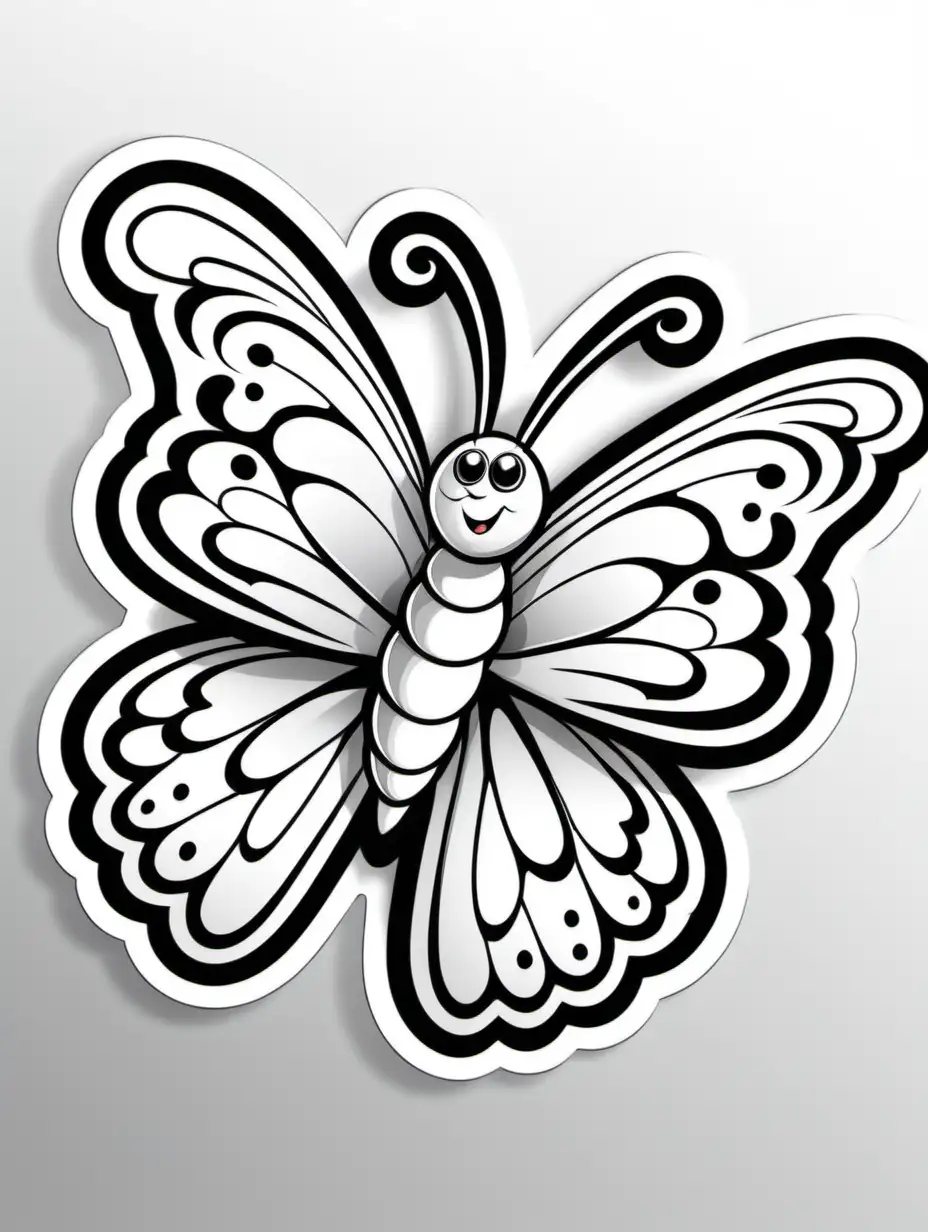 Cartoon Butterfly Sticker Whimsical Black and White Coloring Book Illustration