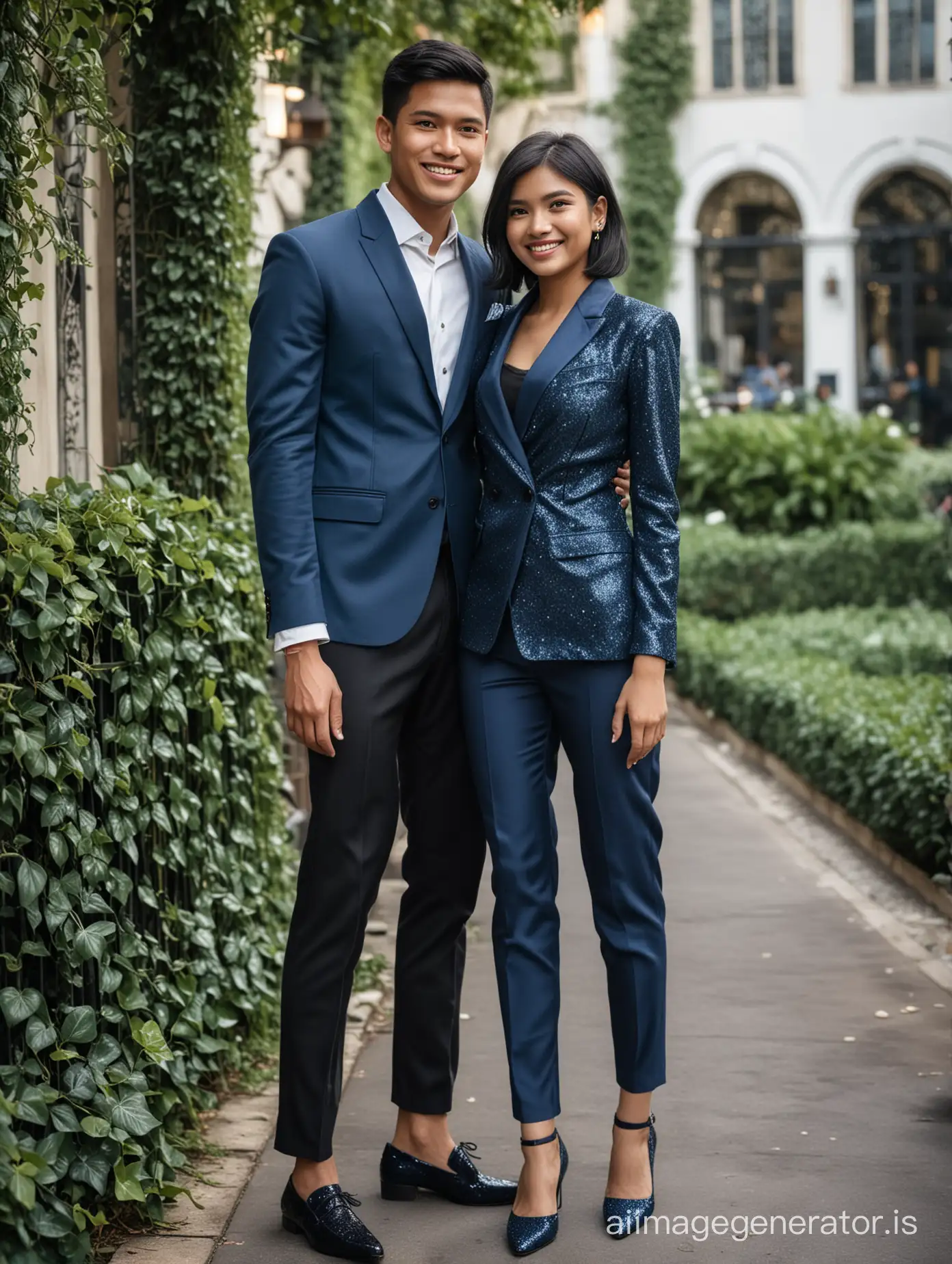 An Indonesian couple, a handsome young man, black short hair with ivy league cut, wearing blue blazer without inner cloth, black pant and black leather shoe, the beautiful girl is wearing blue silk evening dress, with glitter blue high hills. Holding hand a little smile.