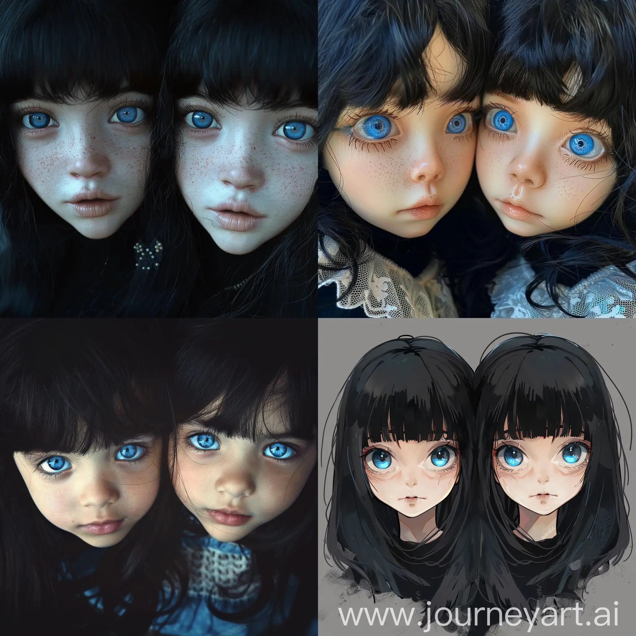 dos gemelos de pelo negro y ojos azules