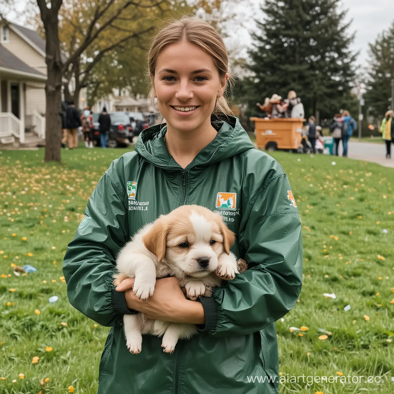 Community-Volunteers-Caring-for-Lawn-and-Cleaning-Up-Garbage-with-Puppy