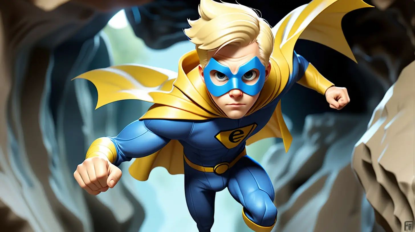 Create a teenage super hero called Fun Guy, he has blonde hair and a yellow and blue suit with a cape and mask. he works at a vet. Hi suit has an abstract FG logo on it. he is flying through the air towards a cave