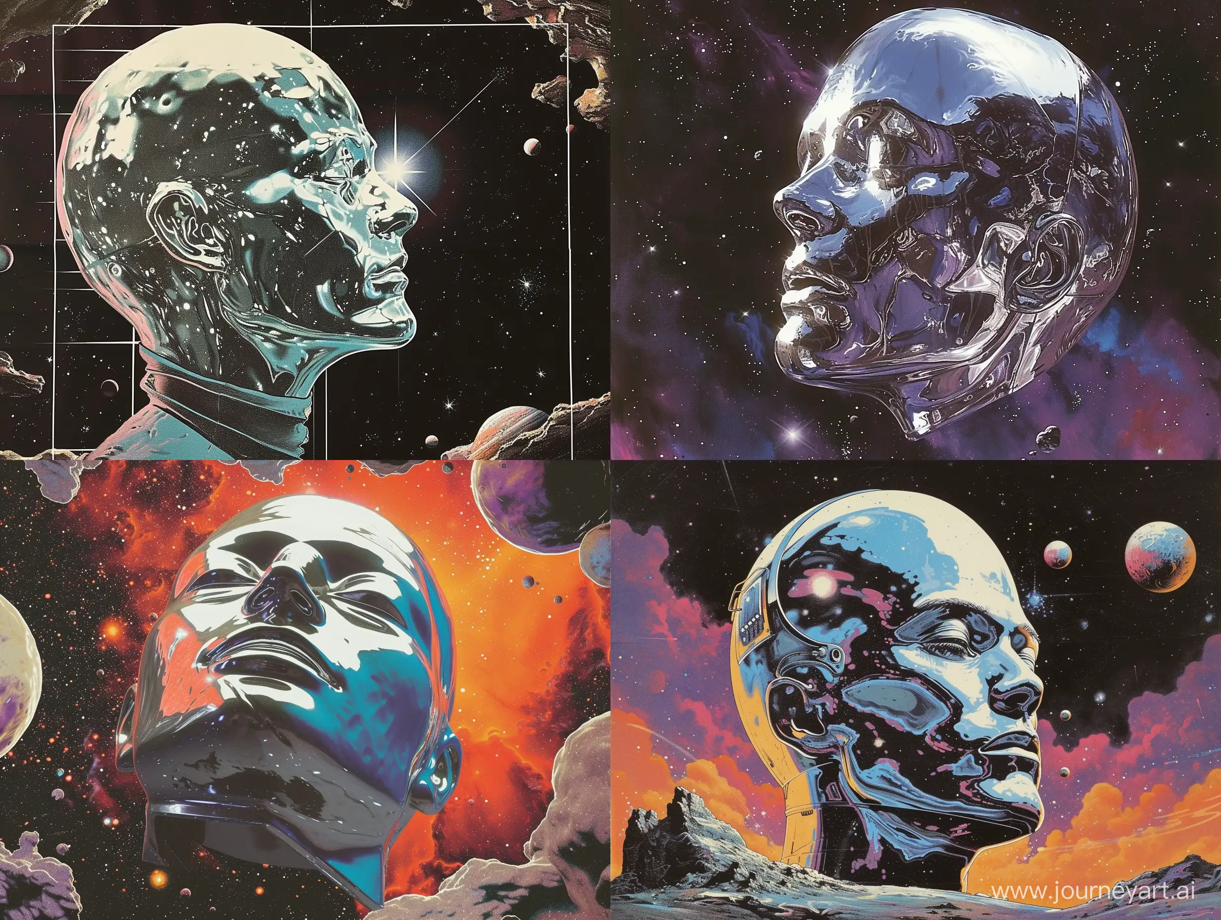 Surreal-Space-Artwork-Giant-Silver-Head-in-Vintage-Synthwave-Aesthetic
