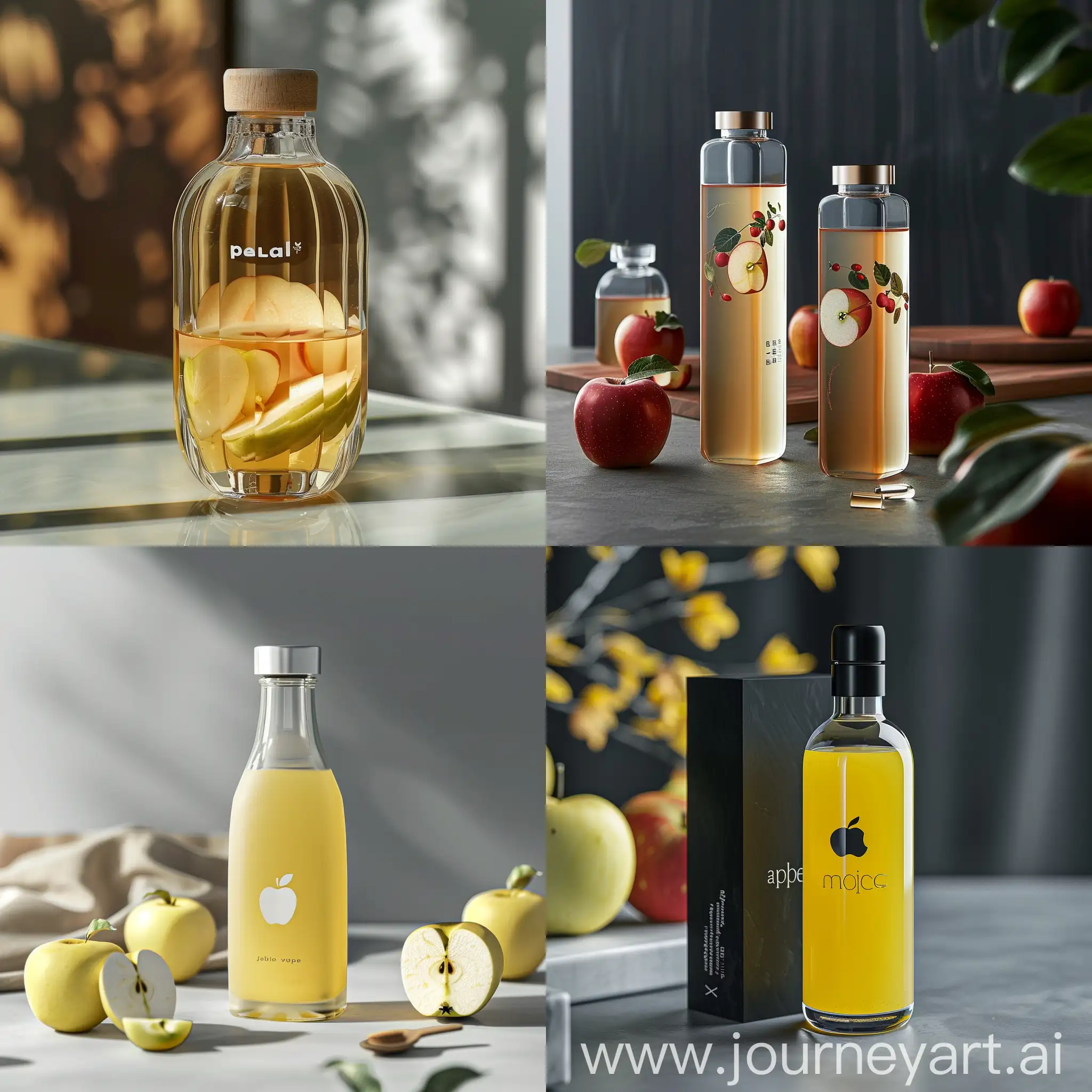 Please design a very creative, luxurious and minimal glass packaging for apple juice.
This product is going to be sold in the Persian Gulf market, so the luxury of the product is very important.
Design a high resolution magazine photo of the product designed in an environment with a waterfall behind it and apple trees and apple pieces next to the packaging.