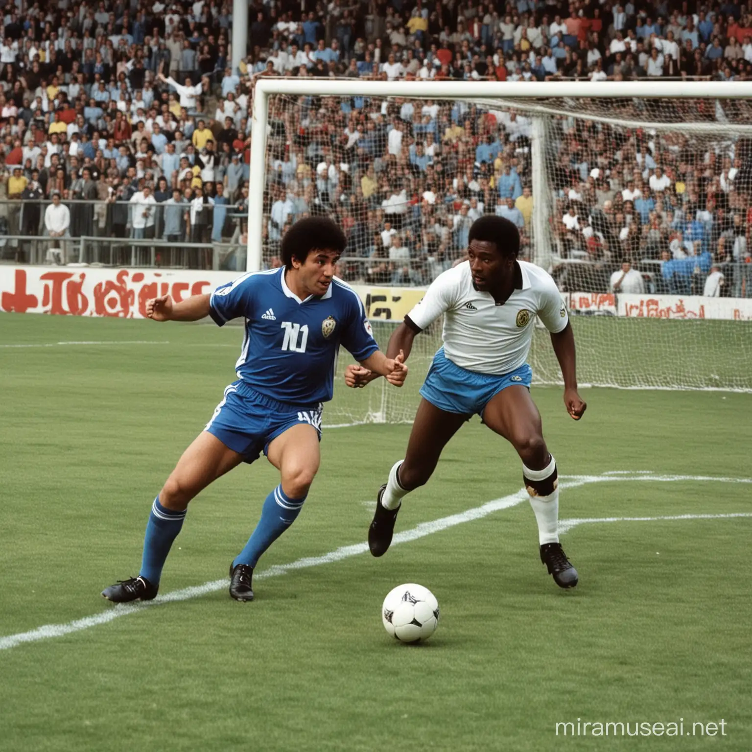 Legendary Football Rivals Maradona and Pel Heading to Their Respective Goals