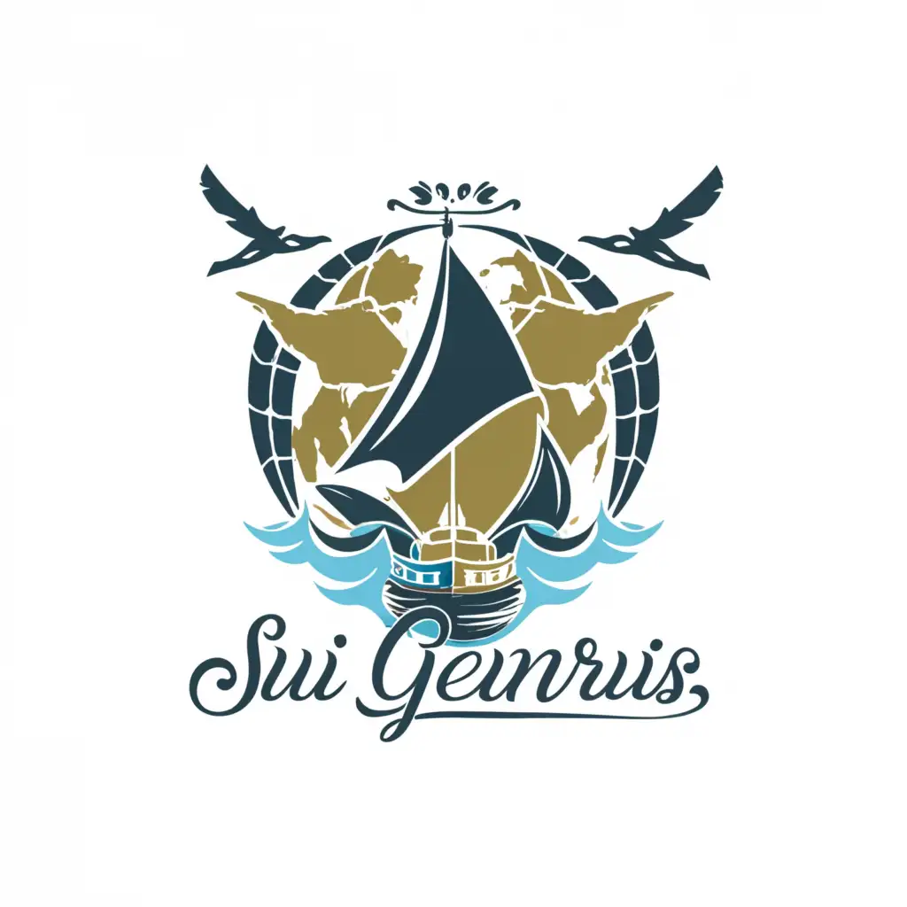 a logo design, with the text 'Sui Generis', main symbol: yacht, dolphin globe, water compass, seagull, moderate, clear background. The requirement is to design a brand name and logo in different variations to be placed in numerous locations both inside and outside the yacht. The design will be produced in different materials and use different surfaces as background: metal, wood, mosaic, leather. The basic colors of the yacht are blue, grey and white. The owner would like the brand to be balanced with emphasis being on simple luxury. Therefore the script/fonts should be creative but not excessively complex. Abstract ideas are welcome in particular relating to his concept of combing symbols of dolphin/bird/globe/compass in the logo. It would be ideal if the logo is readable as central letter ‘e’ of the name Gen(e)ris and located in its place. The preferred bird to be used in logo is Seagull. The dolphin should be seen jumping out of the water. The compass should be located around the globe. If applied to the provided transom photo of the yacht the background colour should be dark blue. The outside name/logo presentation should be RGB or backlit stainless steel