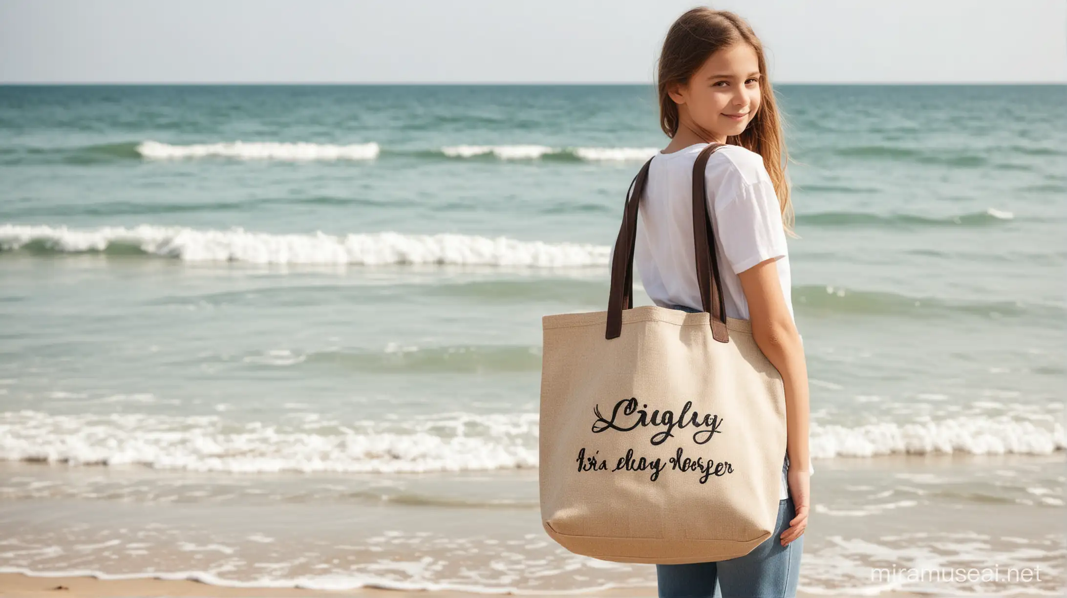 Young Girl 10-12 years old Carrying Tote Bag stands on the beach by the sea photo mockup