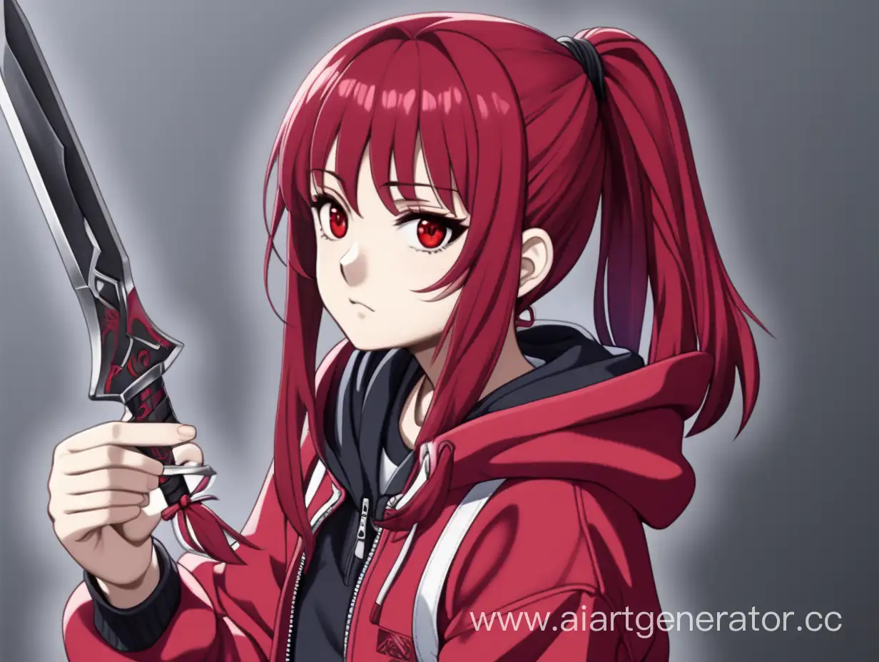 A young teenage girl with beautiful red hair and red eyes.
She is 163.2 cm tall.
Clothing:

An oversized red jacket, unzipped in the front.
Pants also worn from constant adventures.
Worn-out boots.
Under the jacket, she wears a black hoodie or sweater.    • However, after Yukiko changed, Ayuna felt loss and pain. This significantly affected her character, making her withdrawn and despondent. She started to doubt people and their true intentions.

• The question of whose side her loyalty should be on became a serious dilemma for Ayuna, and she became cautious in her relationships with other characters.

Ayuna can use her blood to create mini kunai, but she must be careful not to deplete her blood supply, as it could risk her life. To ensure the blood keeps flowing in her target, at least a scratch is required from her kunai. She can also create other objects using her blood, but she must be mindful not to overexert herself. Ayuna is also skilled in using a dagger and mini kunai for combat. She can launch mini kunai like bullets, but this requires her to expend her blood.