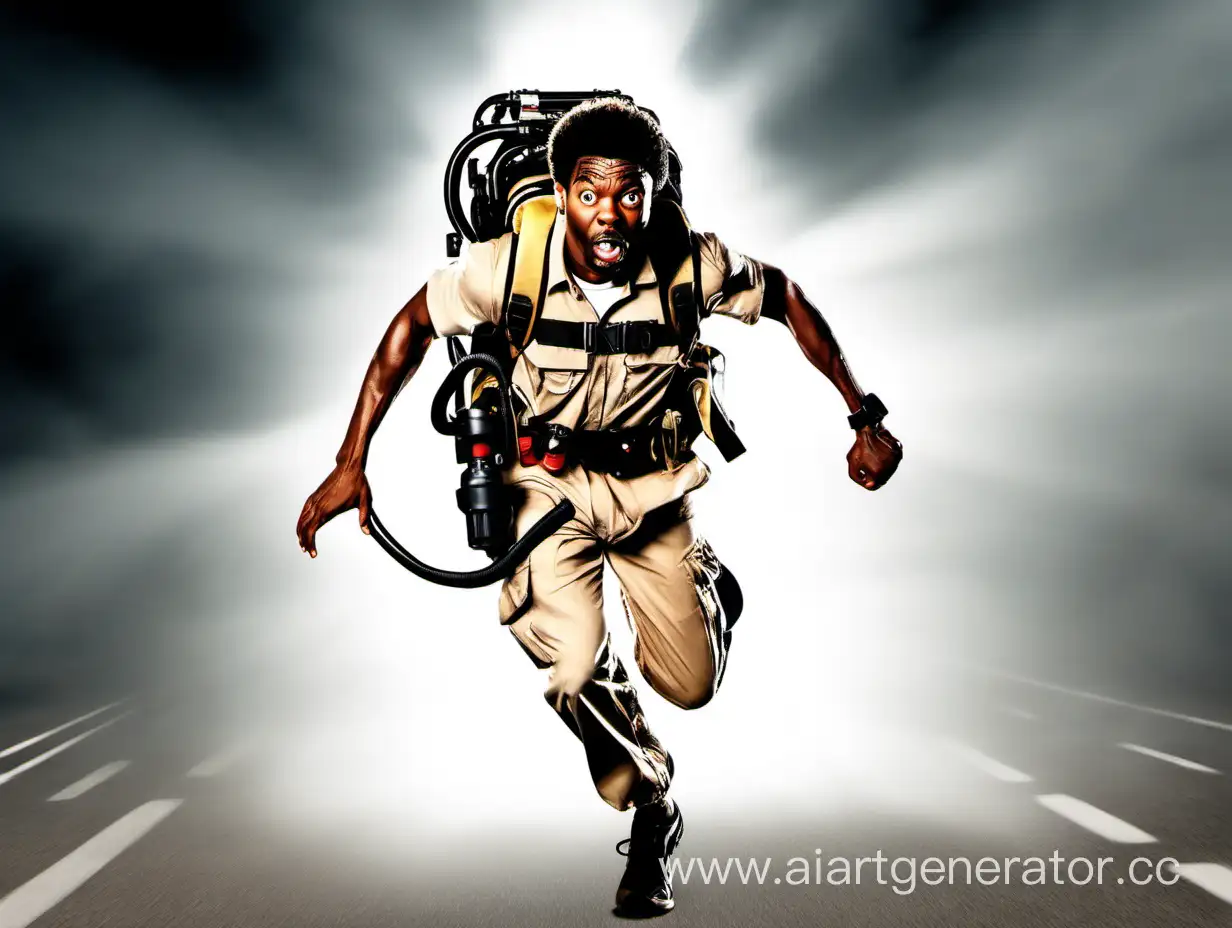 Energetic-African-American-Ghostbuster-in-Action-Beige-Jumpsuit-Equipment-Belt-and-Flashlight