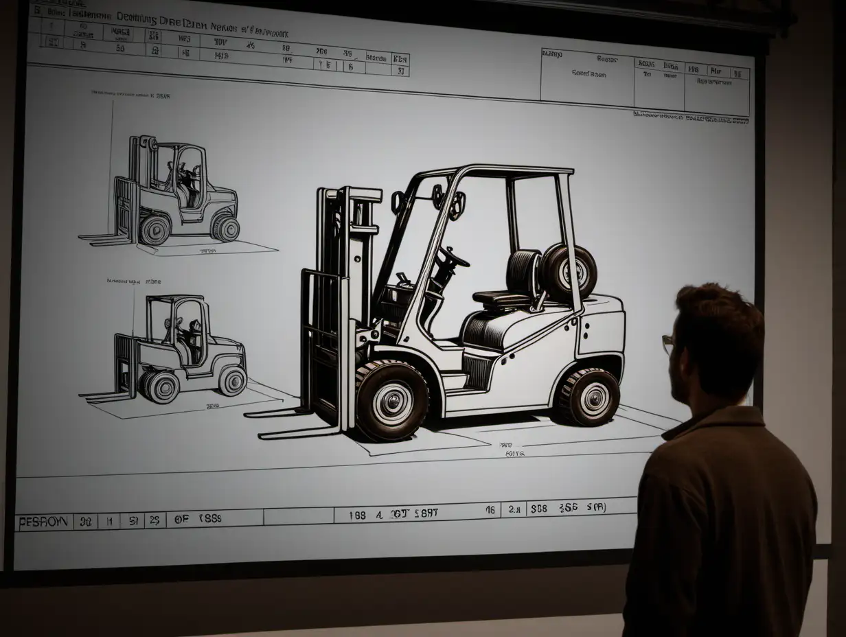 person looking at a projection showing early model of forklift drawings