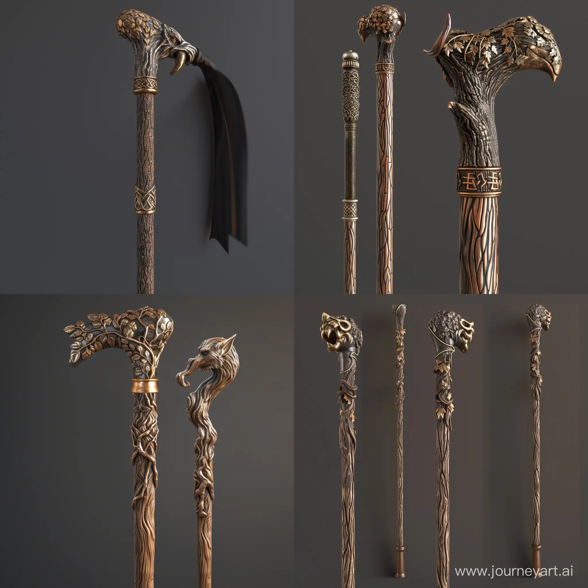The cane is in the Elven style, the head of the cane is made of bronze, the tree of the shaft is oak, hd, detailed