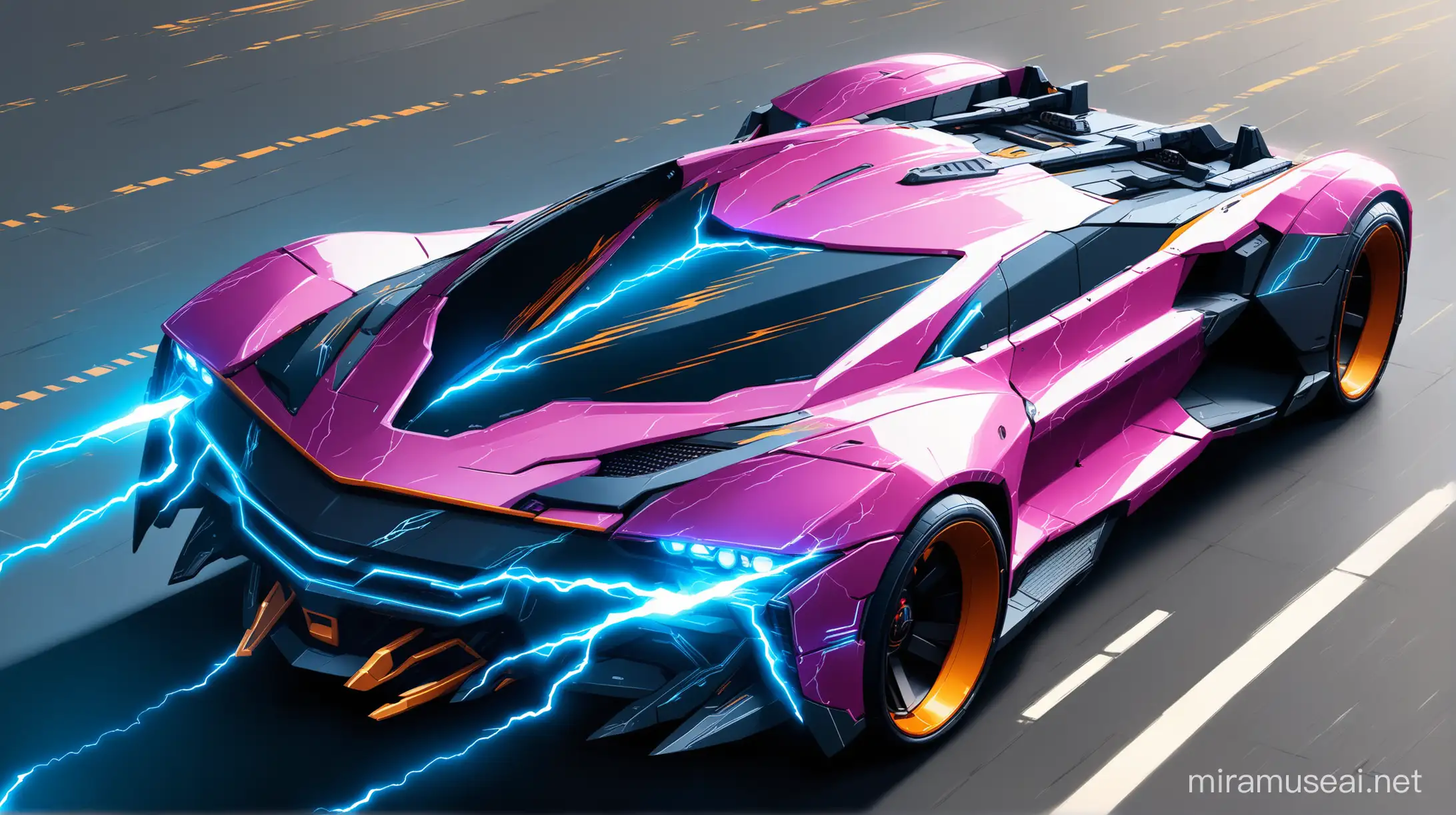 car with realistic colors and the advanced security features of the futuristic model with the weapons in built in it. show the betailing strong with lightning thunders and awesome colors
