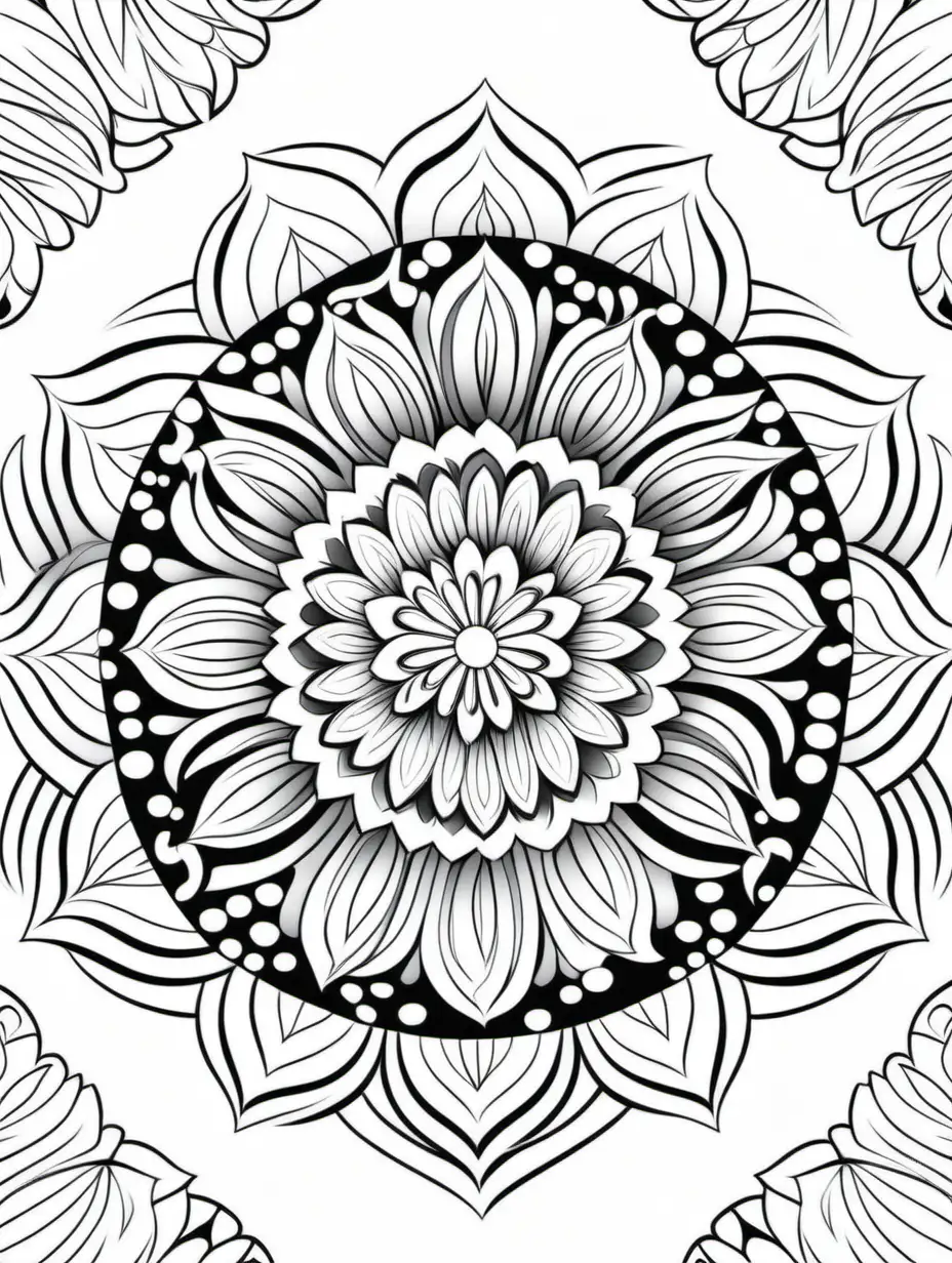 coloring page, mandala, artistic, Floral shapes, coloring pages for kids, black and white, white background, no shading, simple design, digital art, clean lines, crisp lines, black bold lines