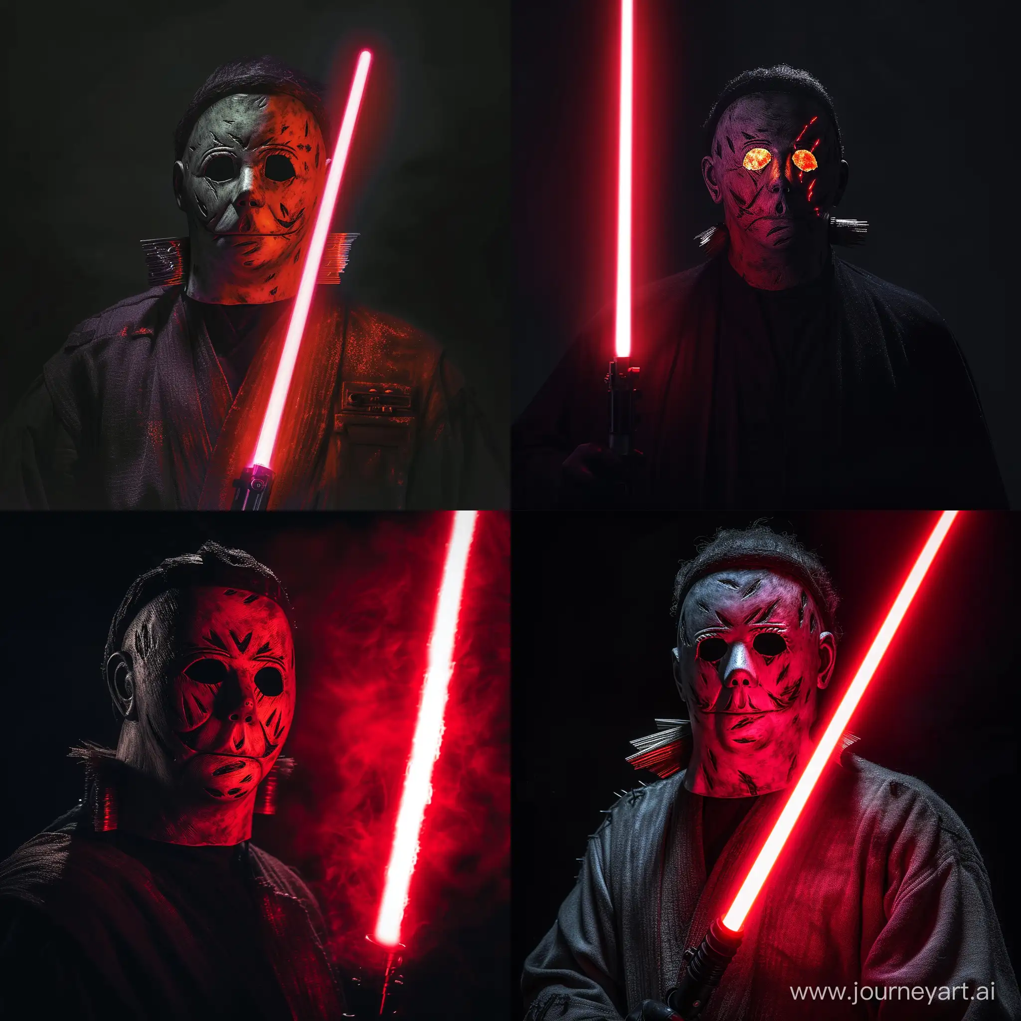 Michael Myers as a Sith Lord with the glow of his red lightsaber against his mask
