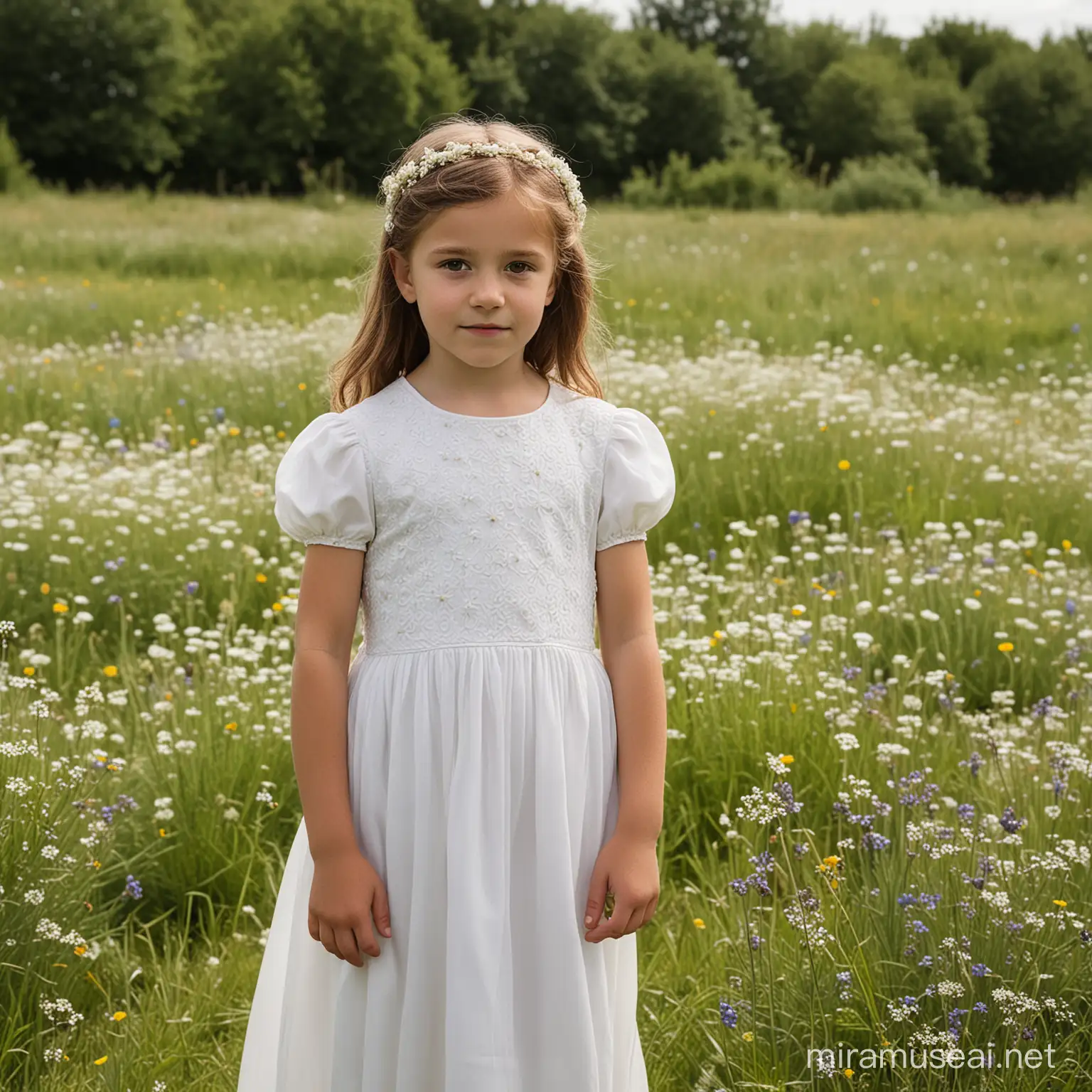 Communion Dress Girl Poses Among May Flowers in Meadow