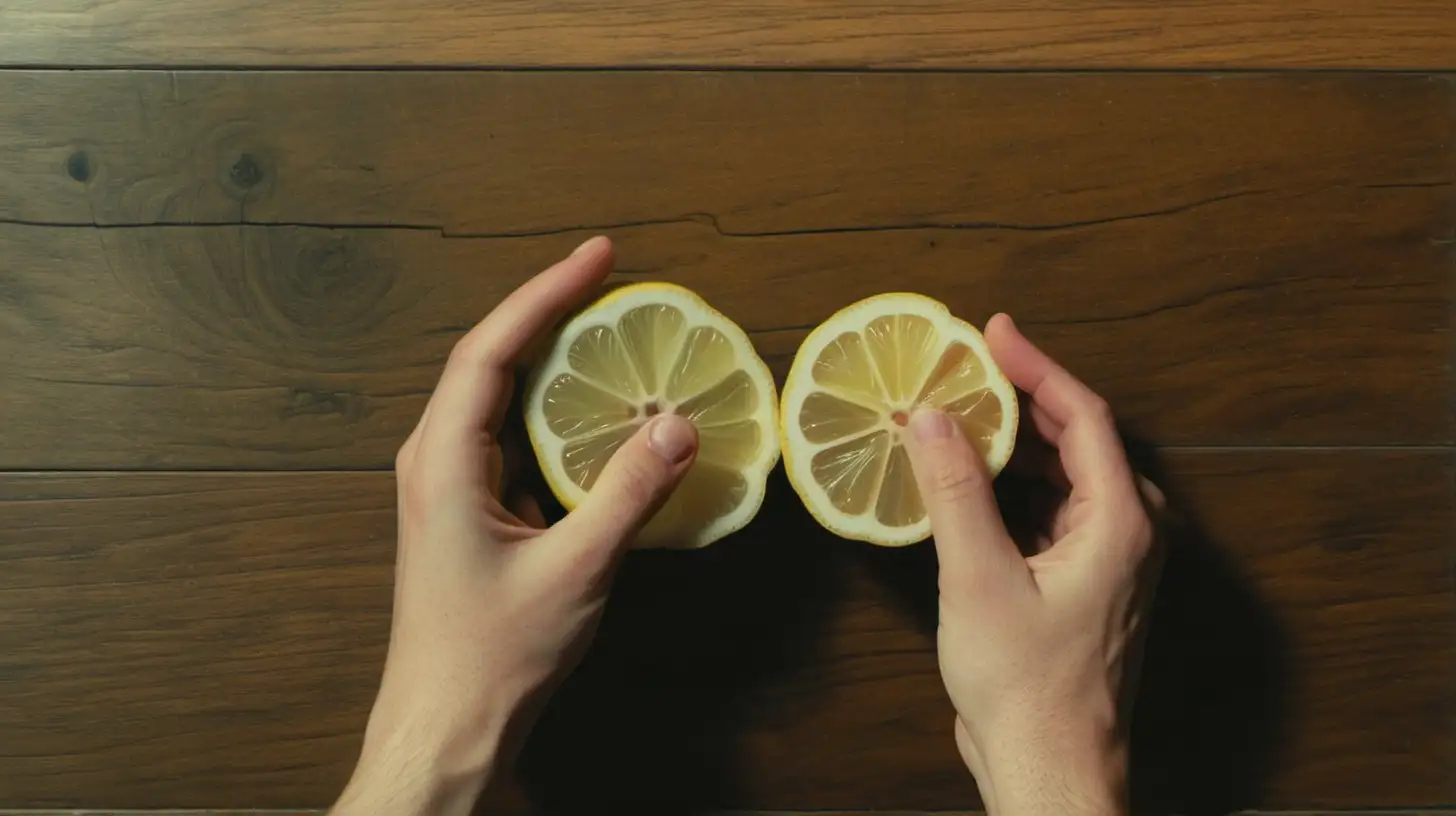 hand holding sliced lemon on wood floor
