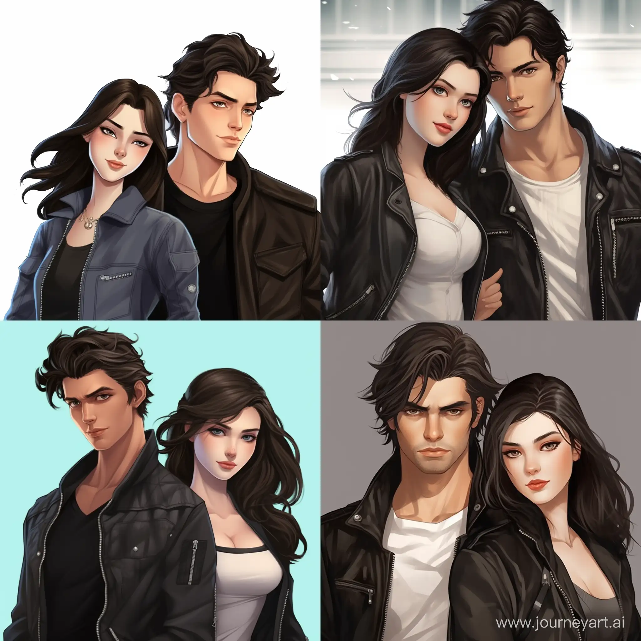 Beautiful couple, teenagers, girl and guy, girl: beautiful girl, straight dark hair, expressive green eyes, snow-white skin; handsome guy, snow-white skin, black hair, gray eyes, black leather jacket and white T-shirt; high quality, high detail, cartoon art