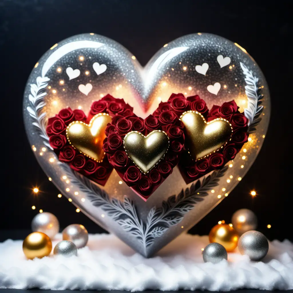 Glitter glowing triple hearts , with  cupid, in a snowy glistening winter background, bi colored roses, glitter, gloving, transparent, dark red, Black and gold