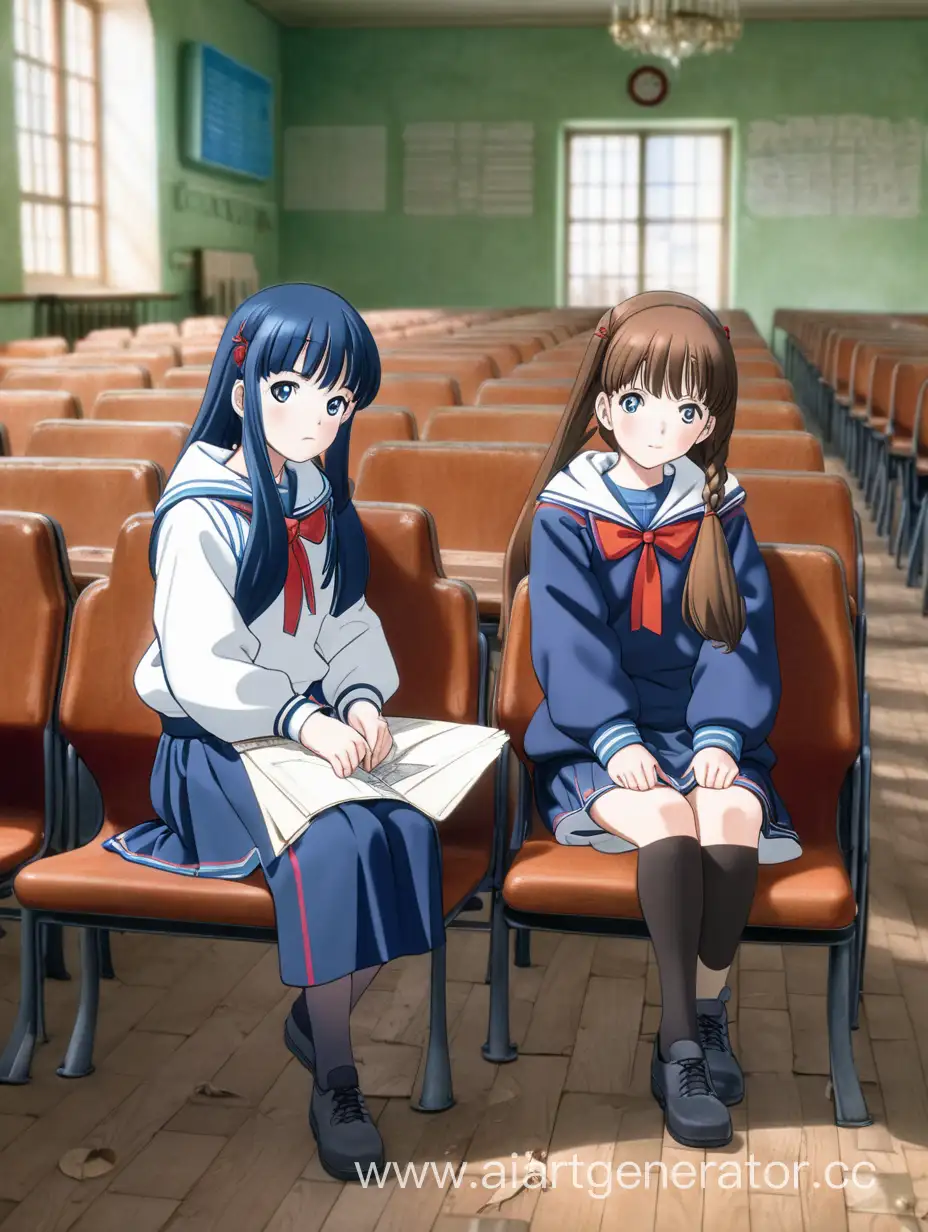 две аниме девочки сидят в старой советской русской школе