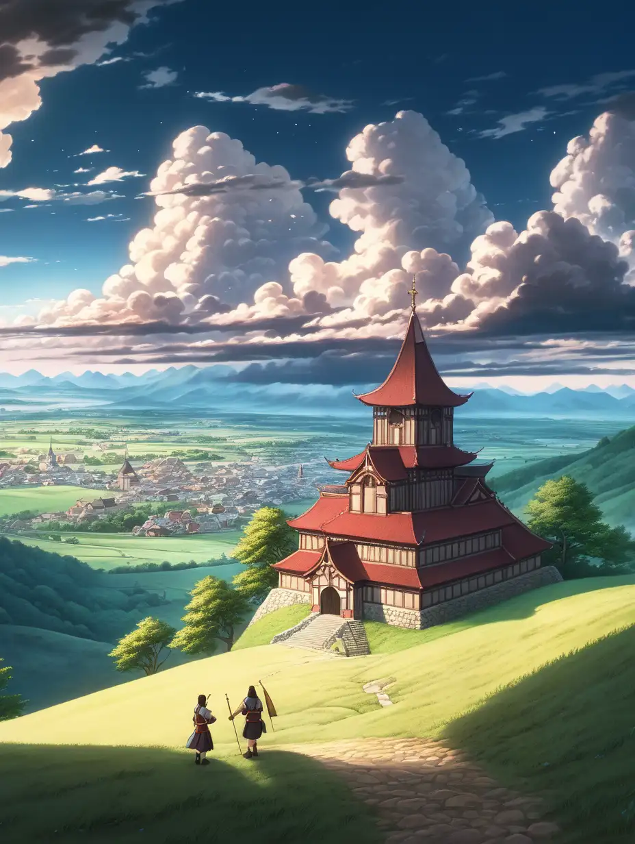 anime style, hill background, kingdom in distance, medieval shrine, clouds circling, dramatic lighting, wide shot