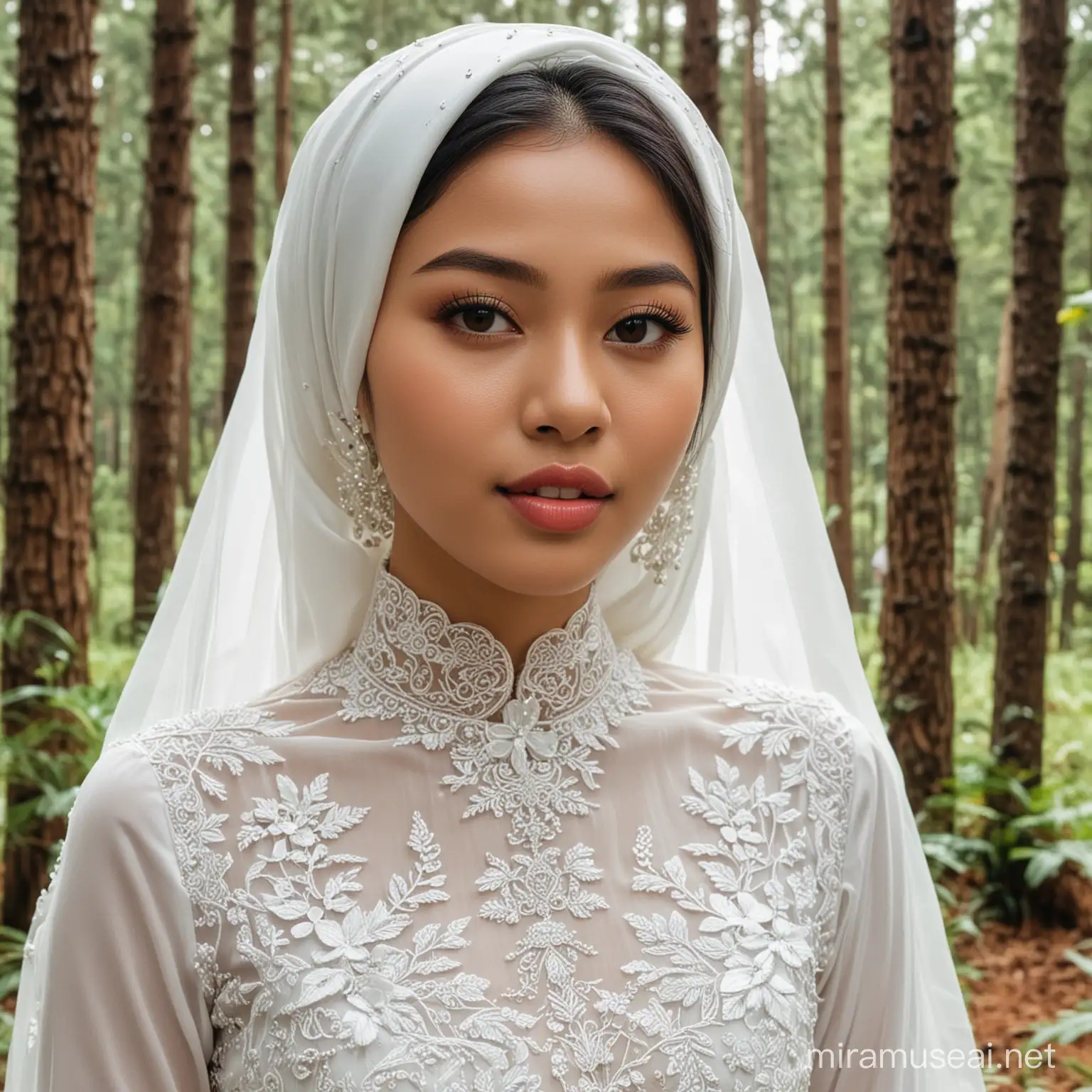 A 19 year old Indonesian celebrity woman, slightly reddish lips, wearing a luxurious white wedding dress with Sundanese customs and a white hijab, standing, with a pine forest in the background.