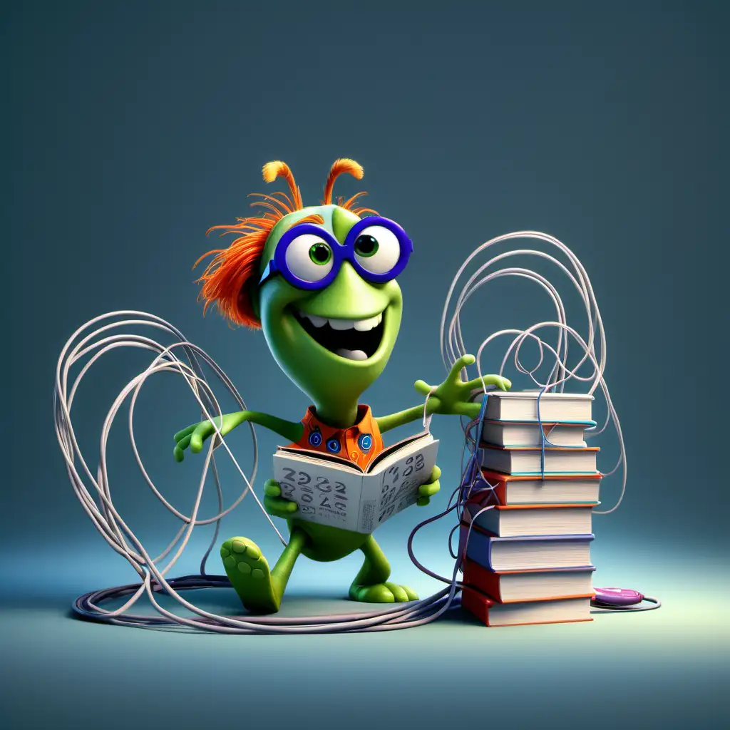 pixar character bookworm playing with numbers and cables
