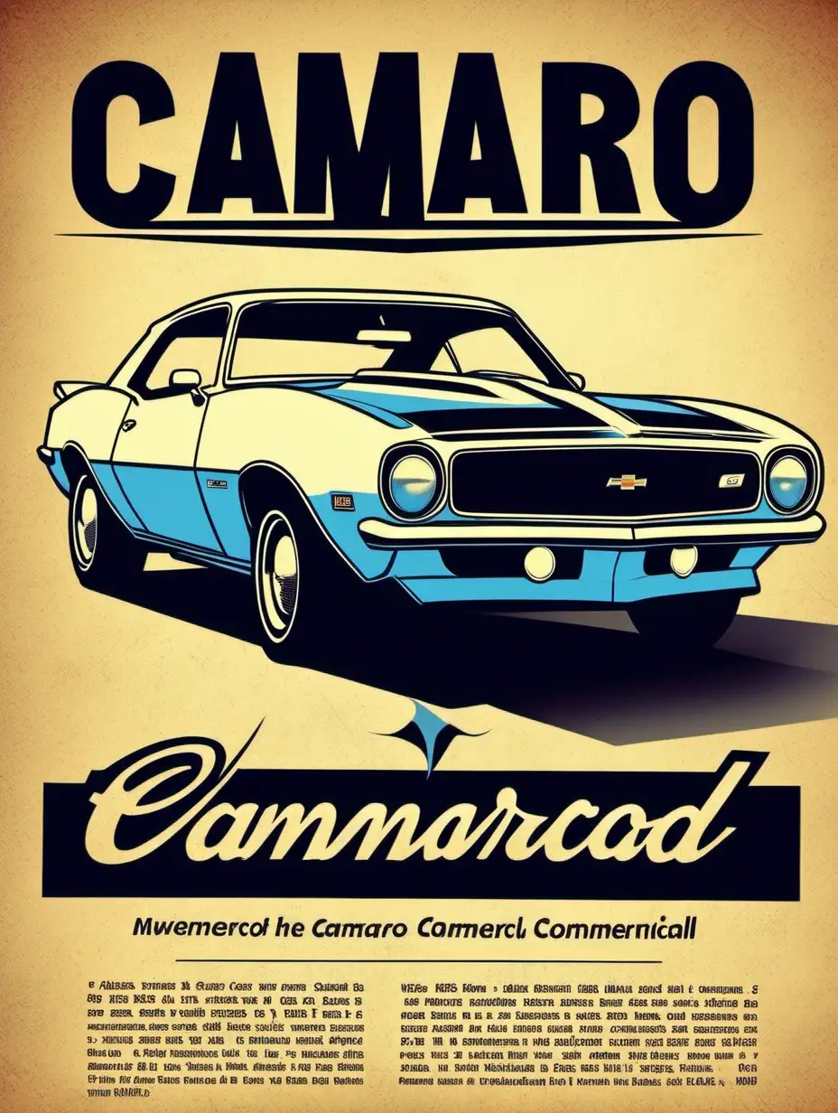 Retro commercial flyer, classic Camaro in the center
