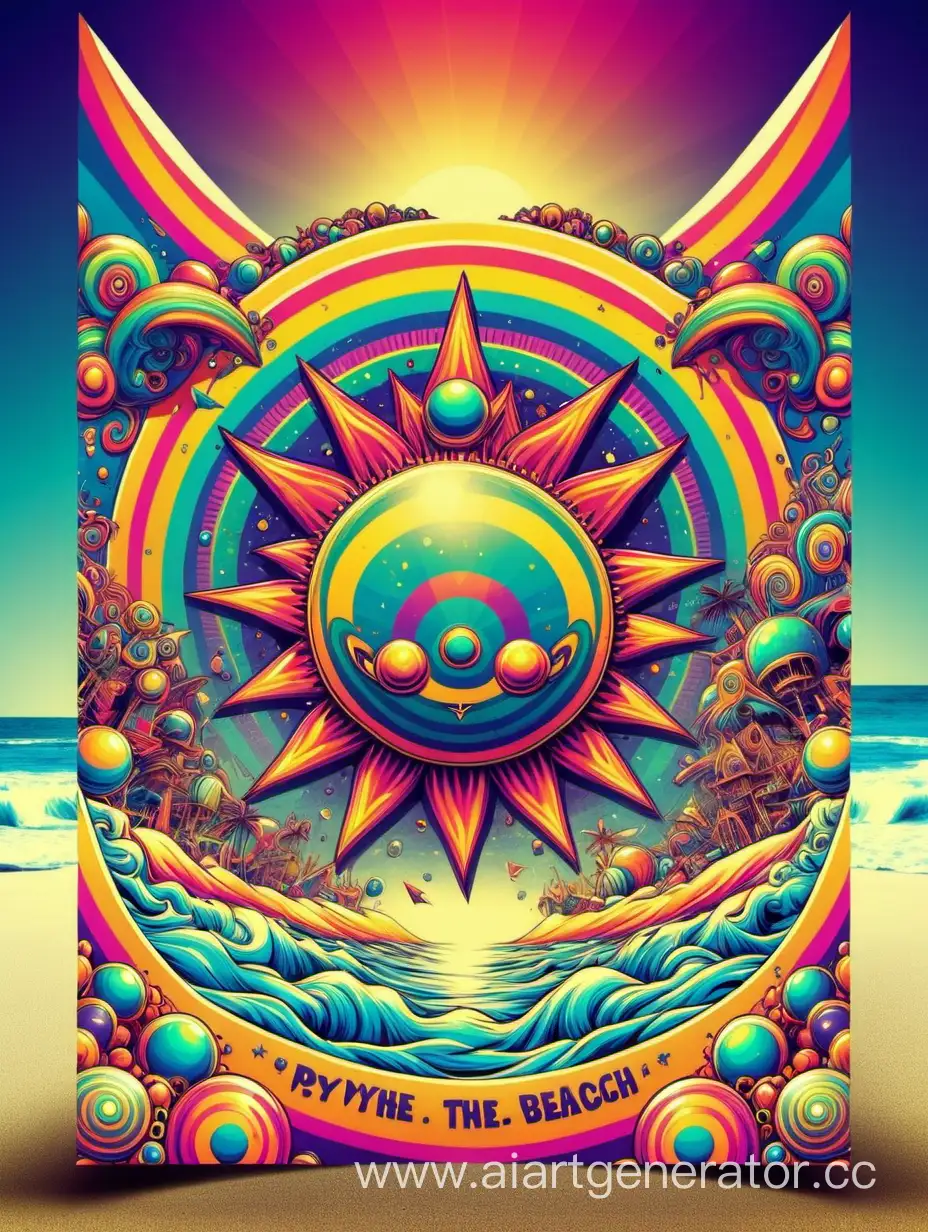 flyer, background fot psychedelic, flyer,  party in on the beach, sea, psyche, digital, art