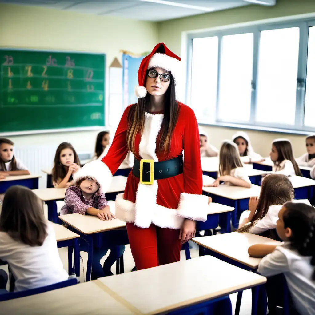 Female young math teacher dressed as a Santa. In front of classroom full of young students. Students clearly doesn´t pay attention

