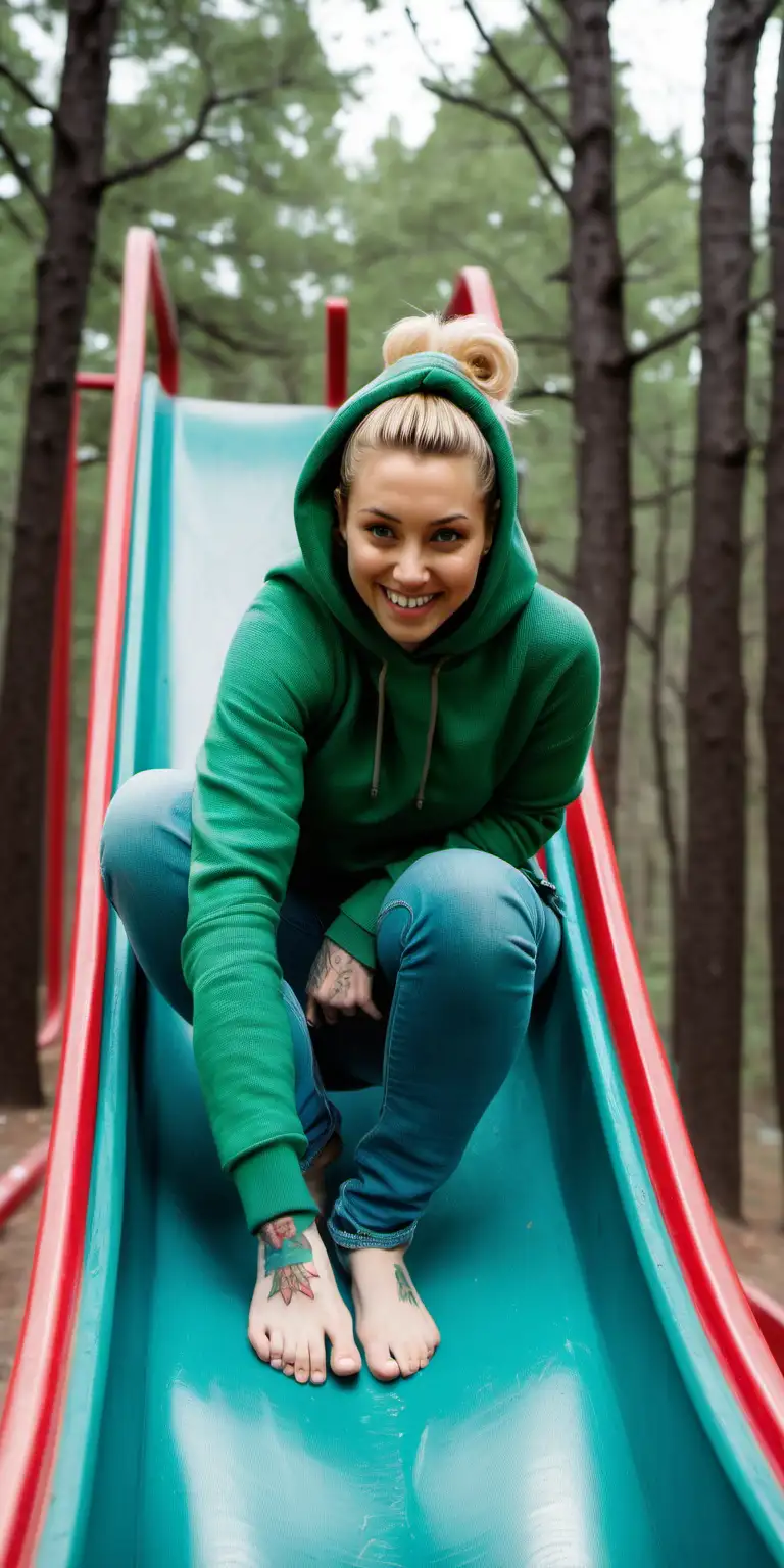 Young Woman Enjoying Barefoot Adventure on Slide in Nature