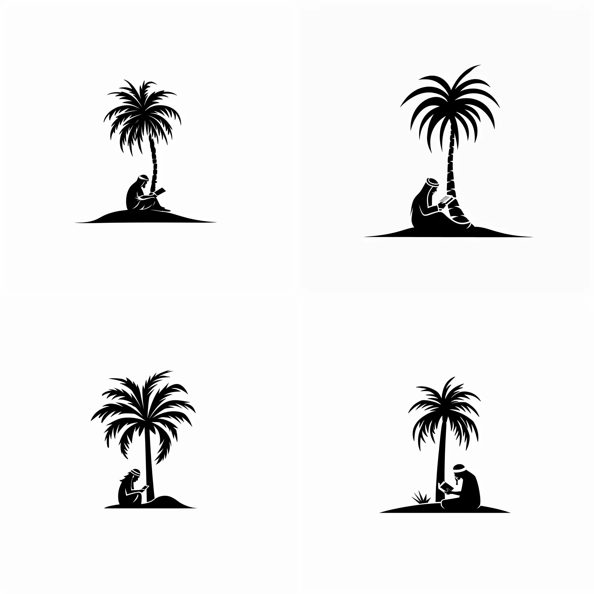 A simple logo of a middle eastern baddwi reading a book while relying on a palm tree in oasis make the background all white and the guy and palm tree and the whole oasis black