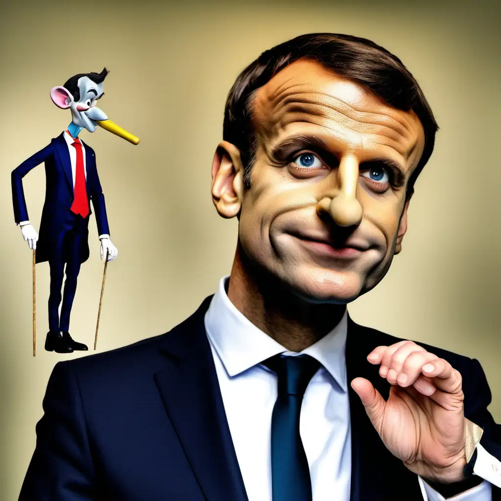 Macron en marionnette avec le nez de Pinocchio. 