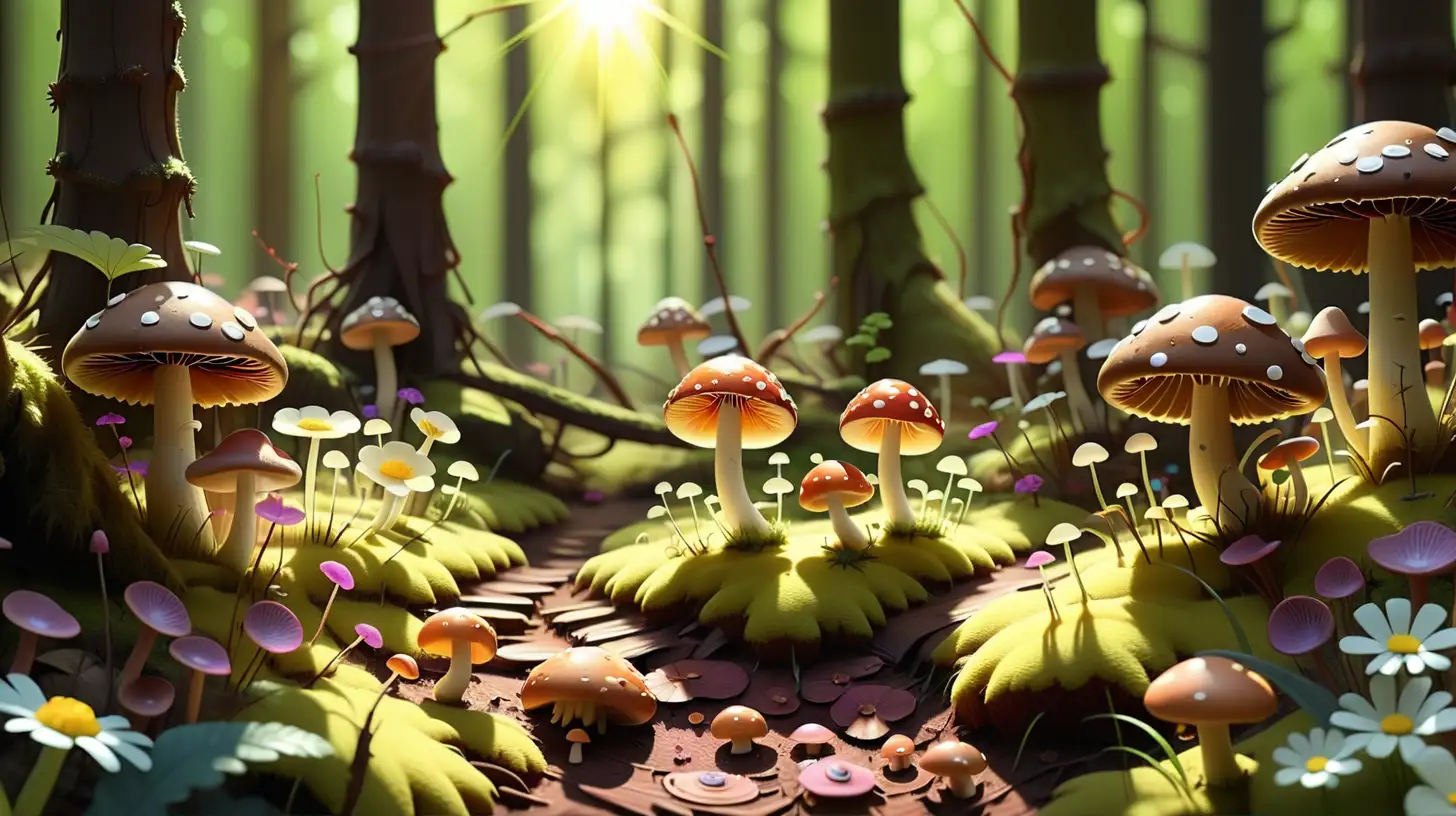 Enchanting Sunny Forest with Flowers and Mushrooms
