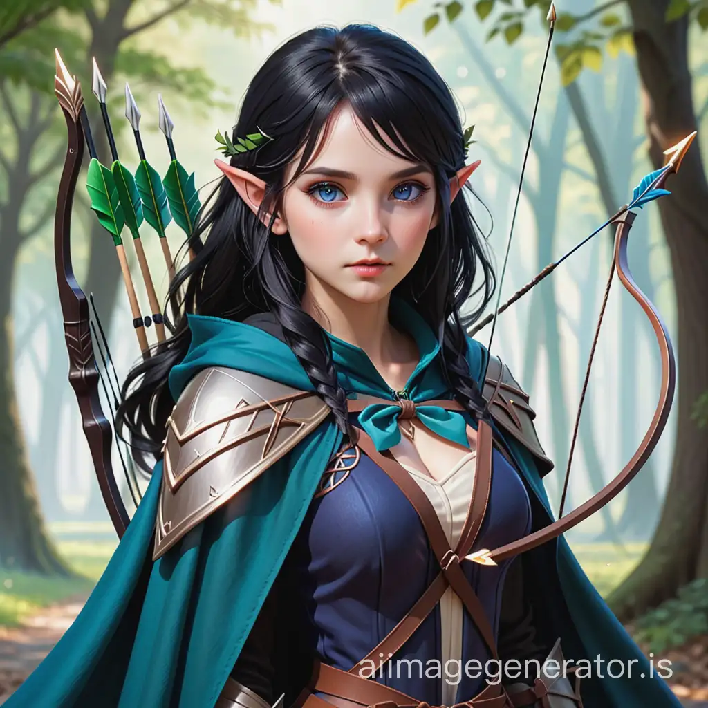 Female elf ranger, black hair, bow and arrows, indigo eyes, black cloak, innocent looking