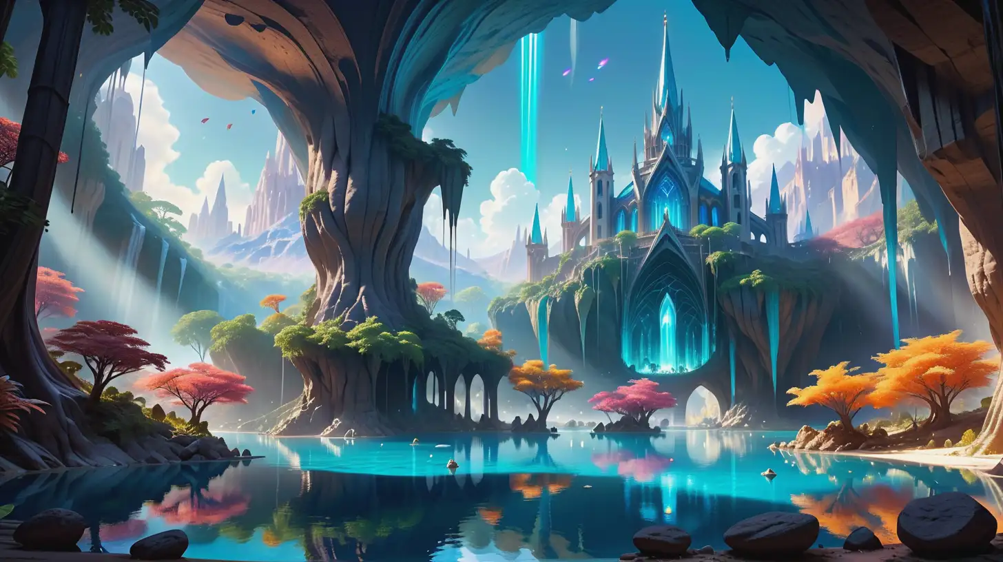 A vast colourful landscape of inner earth with fantasy, Pandora style, trees and plants and a glowing clear blue lake in the center reflecting the light from the cavern's soaring ceilings 500 meters above. Cathedral-like space. No sun or external light sources, only the soft light of blue flames illuminates this otherworldly realm. An ethereal, mystical, healing atmosphere. Realistic render, photorealistic style.