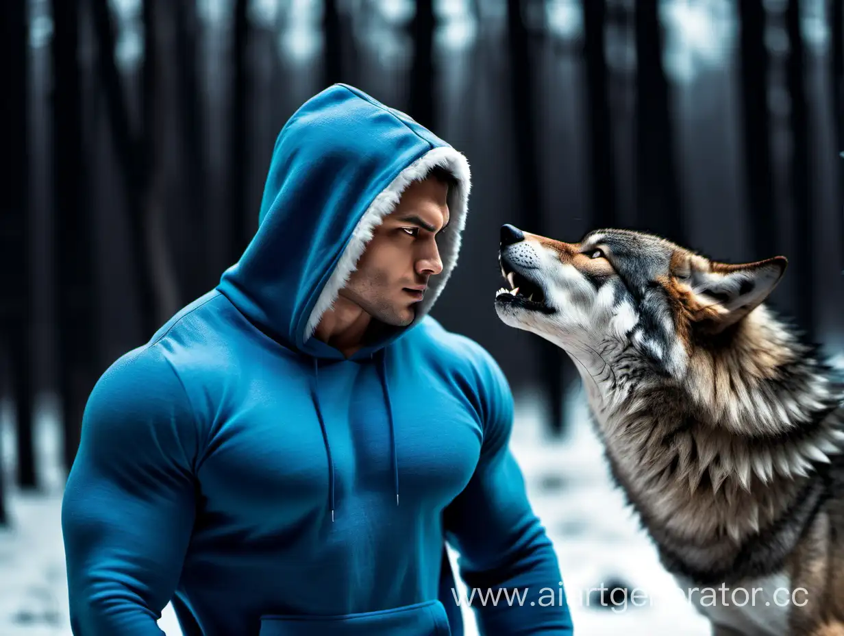 Мускулистый парень в синем капюшоне с мехом смотрит на волка