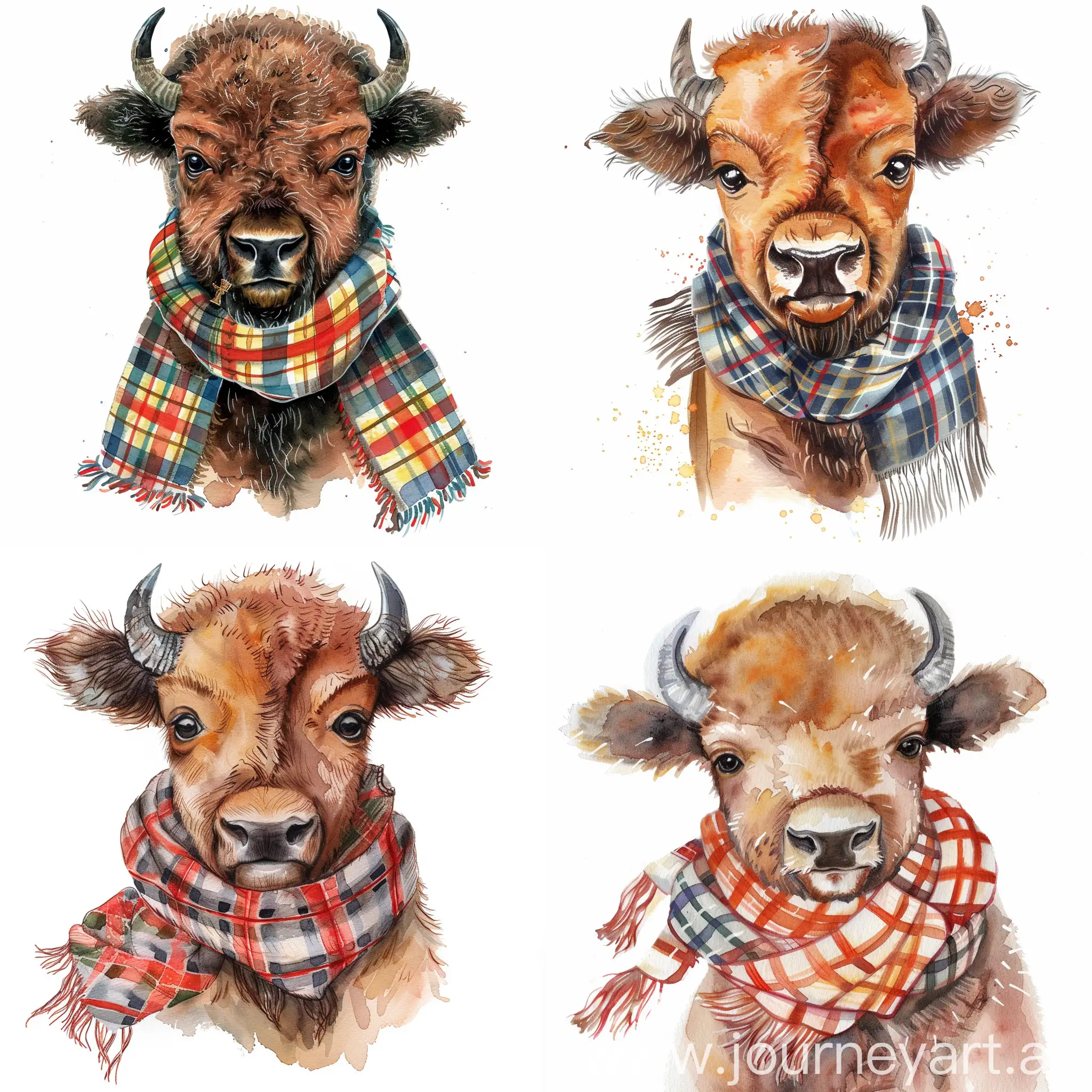 portrait baby bison wearing scarf with Scotland pattern around his neck, in high quality watercolor style